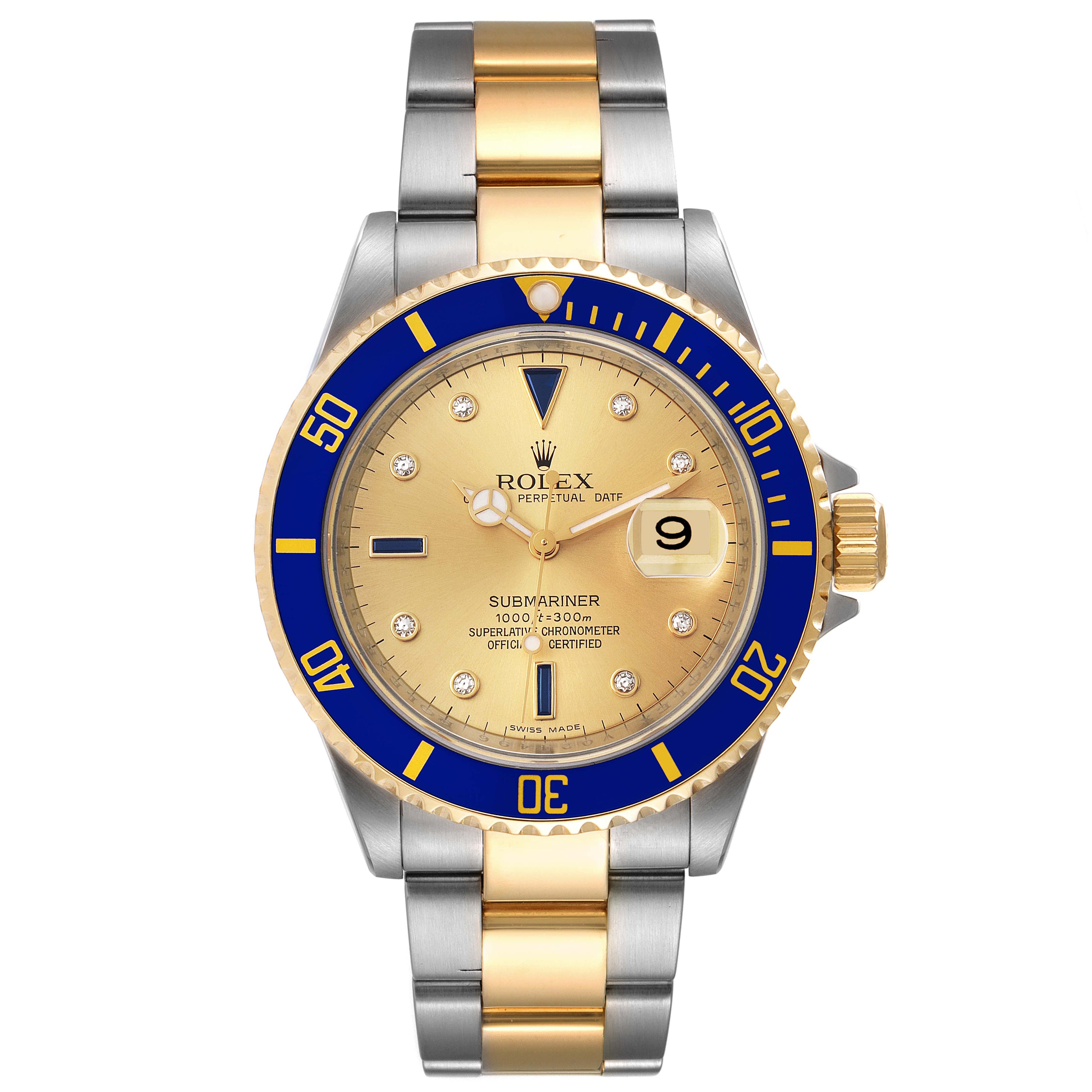 Rolex Submariner Steel Gold Diamond Sapphire Serti Dial Watch 16613 Box Card