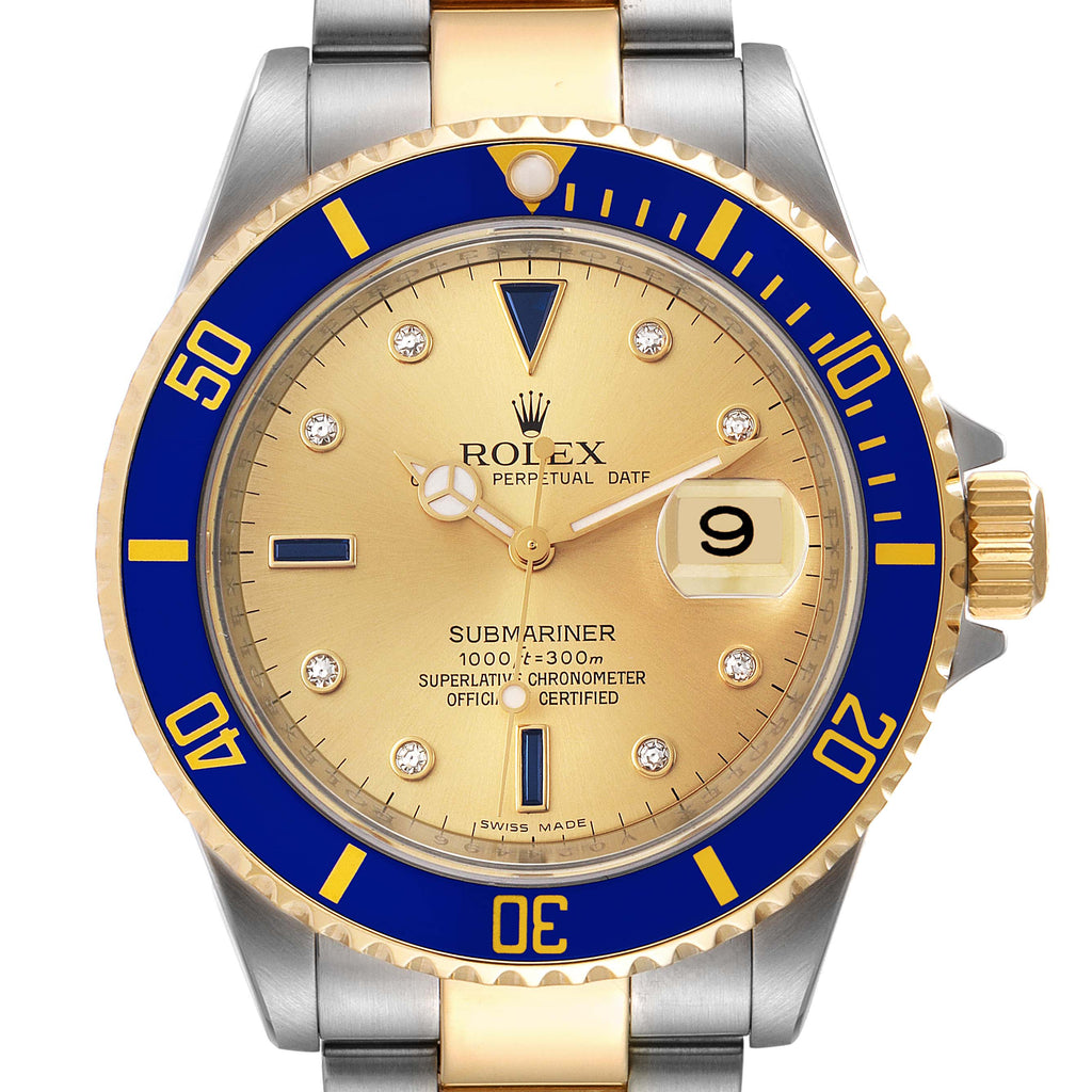 Rolex Submariner Steel Gold Diamond Sapphire Serti Dial Watch 16613 Box Card
