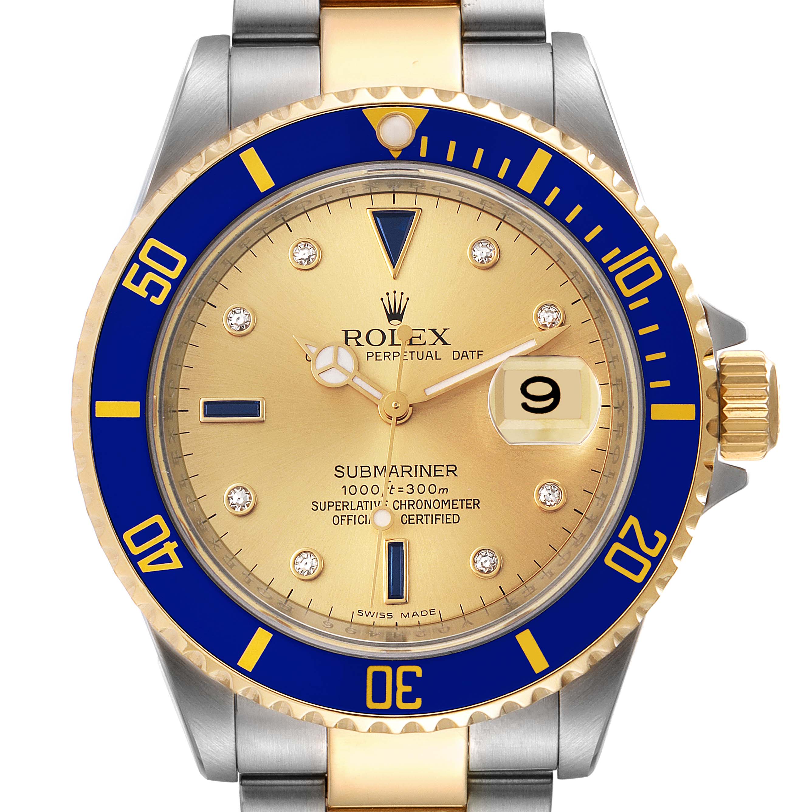 Rolex Submariner Steel Gold Diamond Sapphire Serti Dial Watch 16613 Box Card