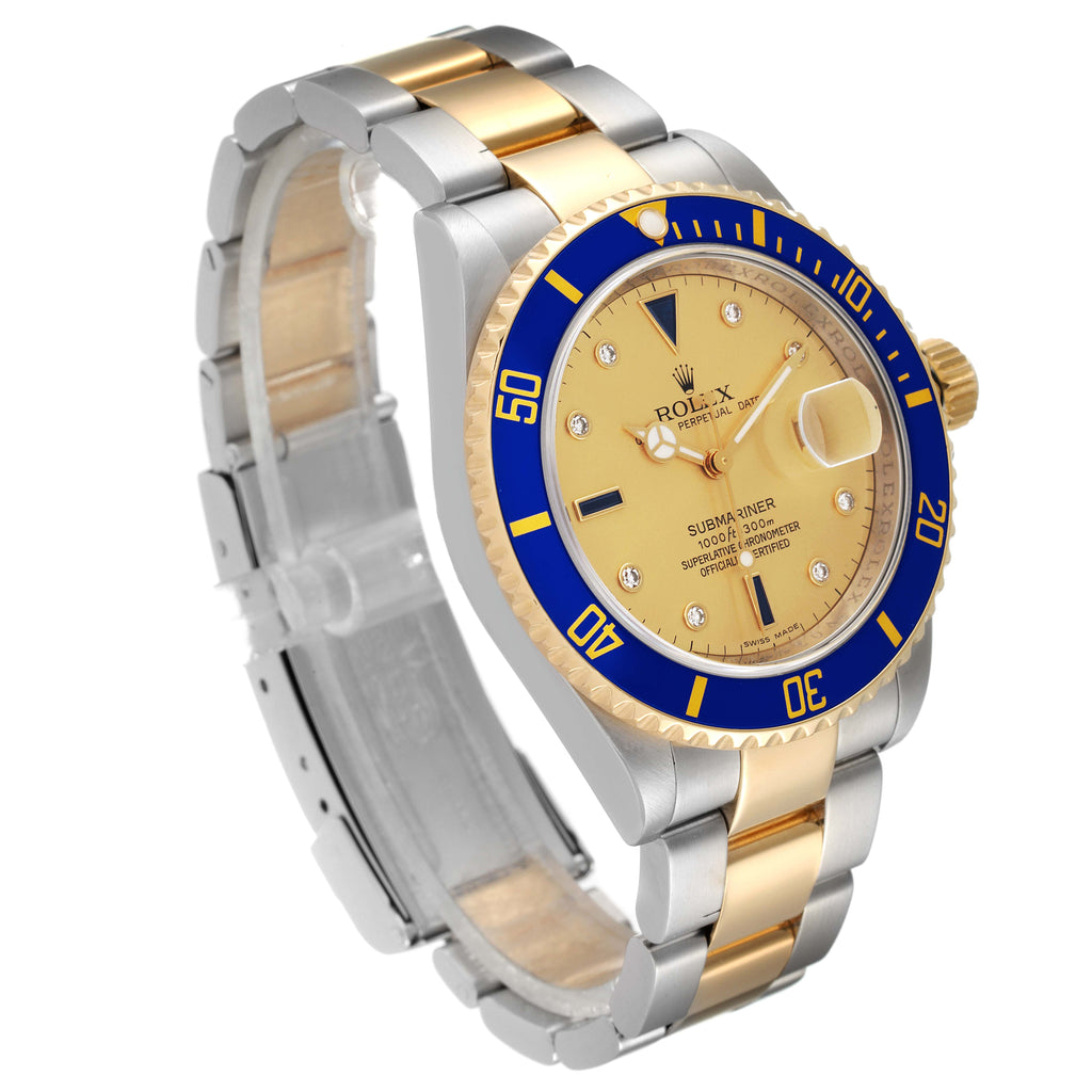 Rolex Submariner Steel Gold Diamond Sapphire Serti Dial Watch 16613 Box Card