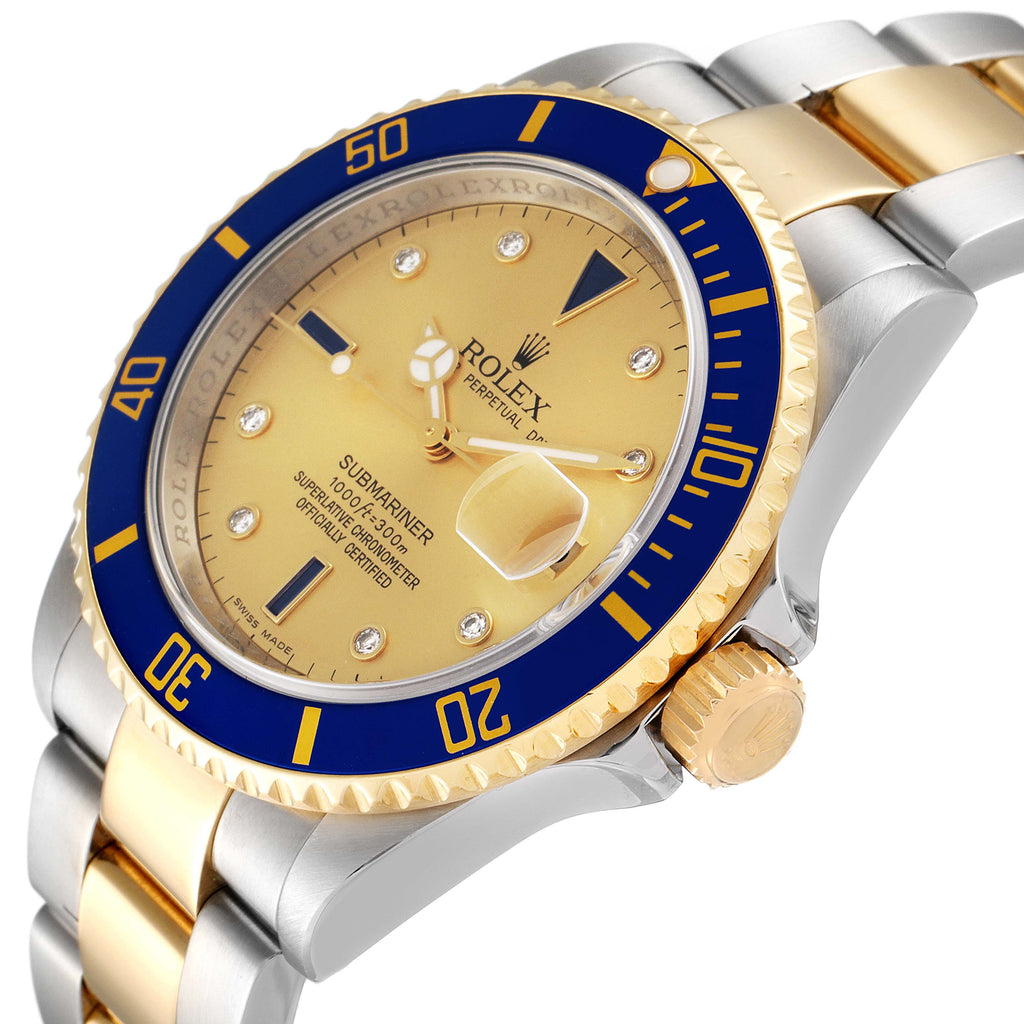 Rolex Submariner Steel Gold Diamond Sapphire Serti Dial Watch 16613 Box Card