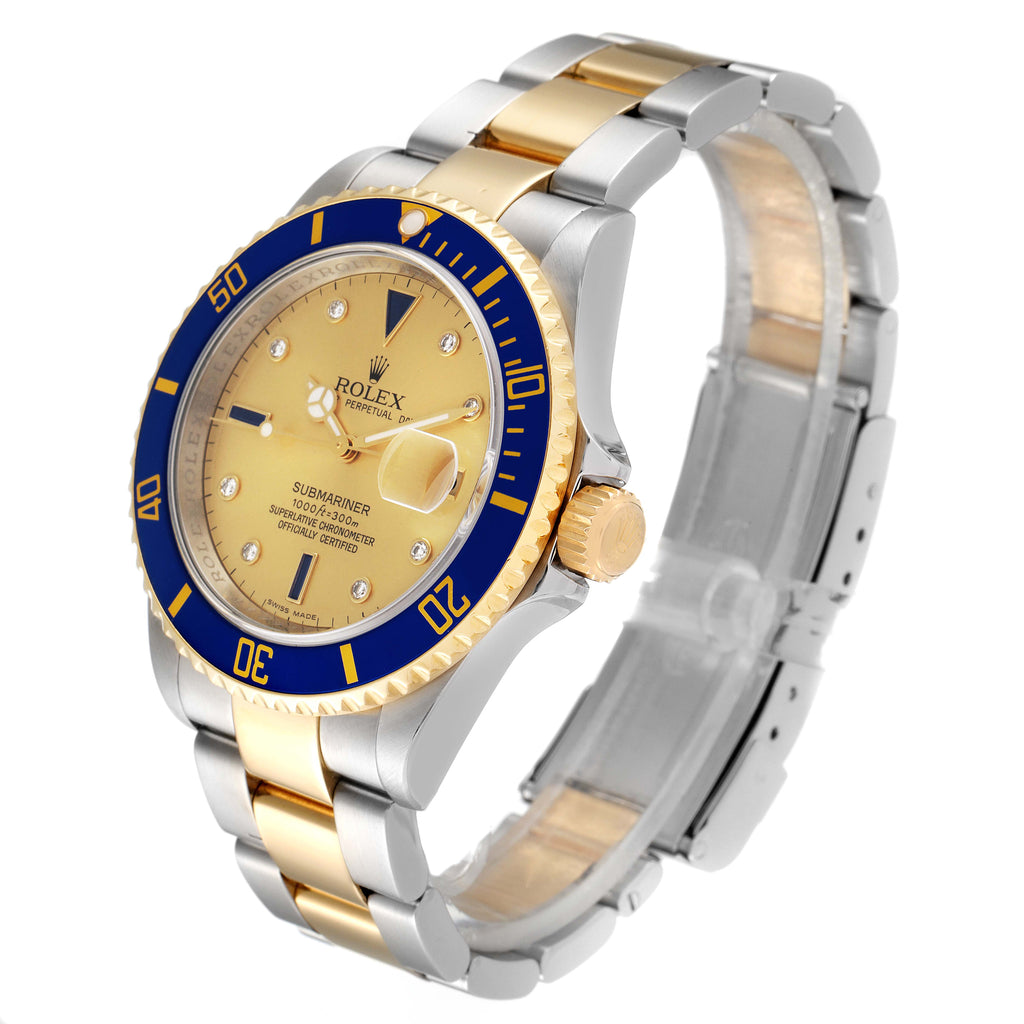 Rolex Submariner Steel Gold Diamond Sapphire Serti Dial Watch 16613 Box Card