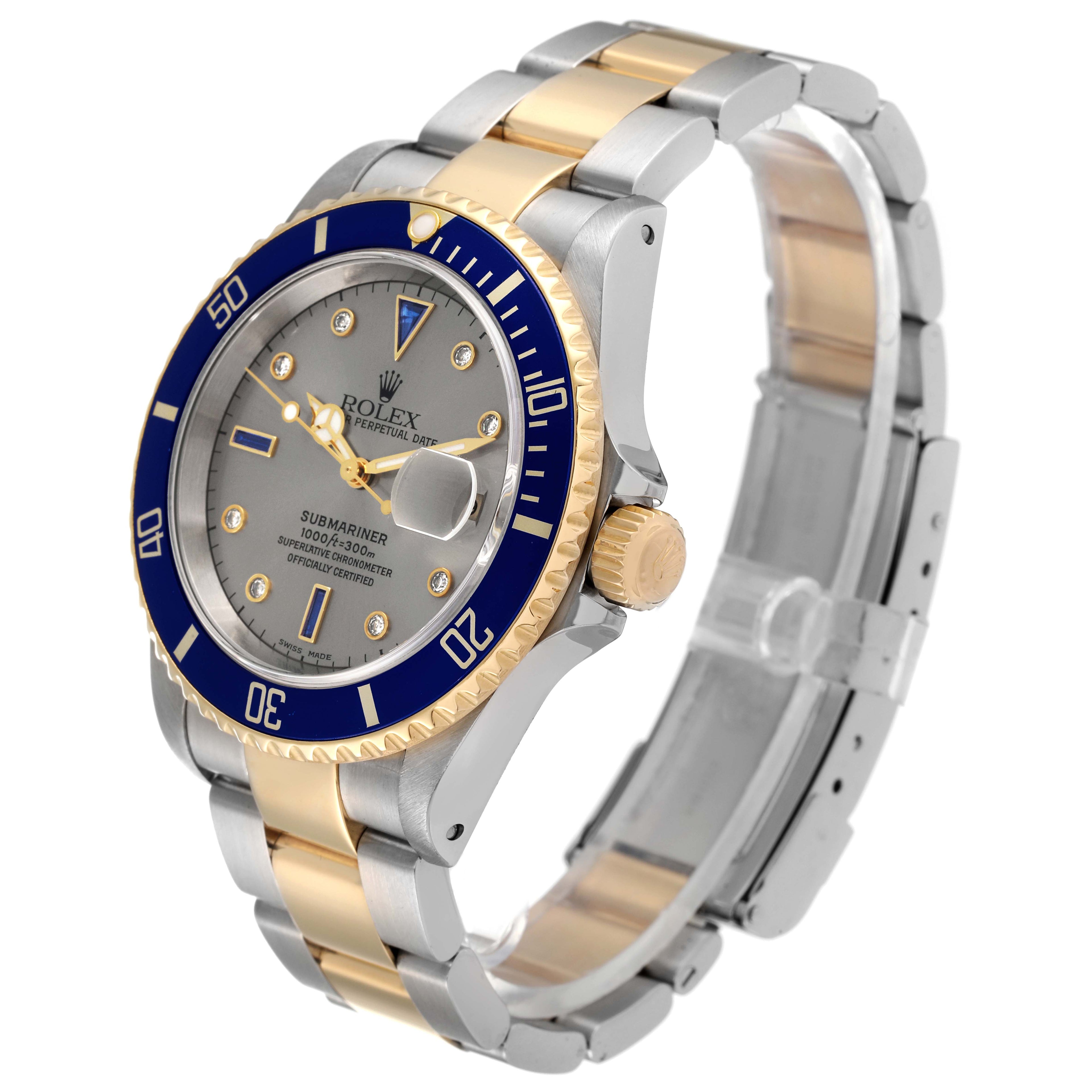 Rolex Submariner Steel Gold Diamond Sapphire Serti Dial Watch 16613 Box Papers