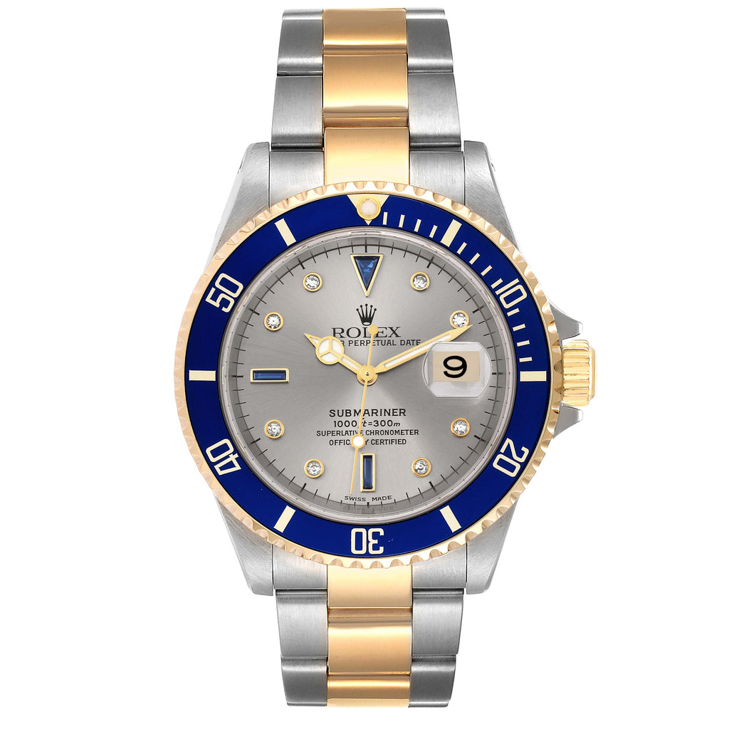 Rolex Submariner Steel Gold Diamond Sapphire Serti Dial Watch 16613 Box Papers