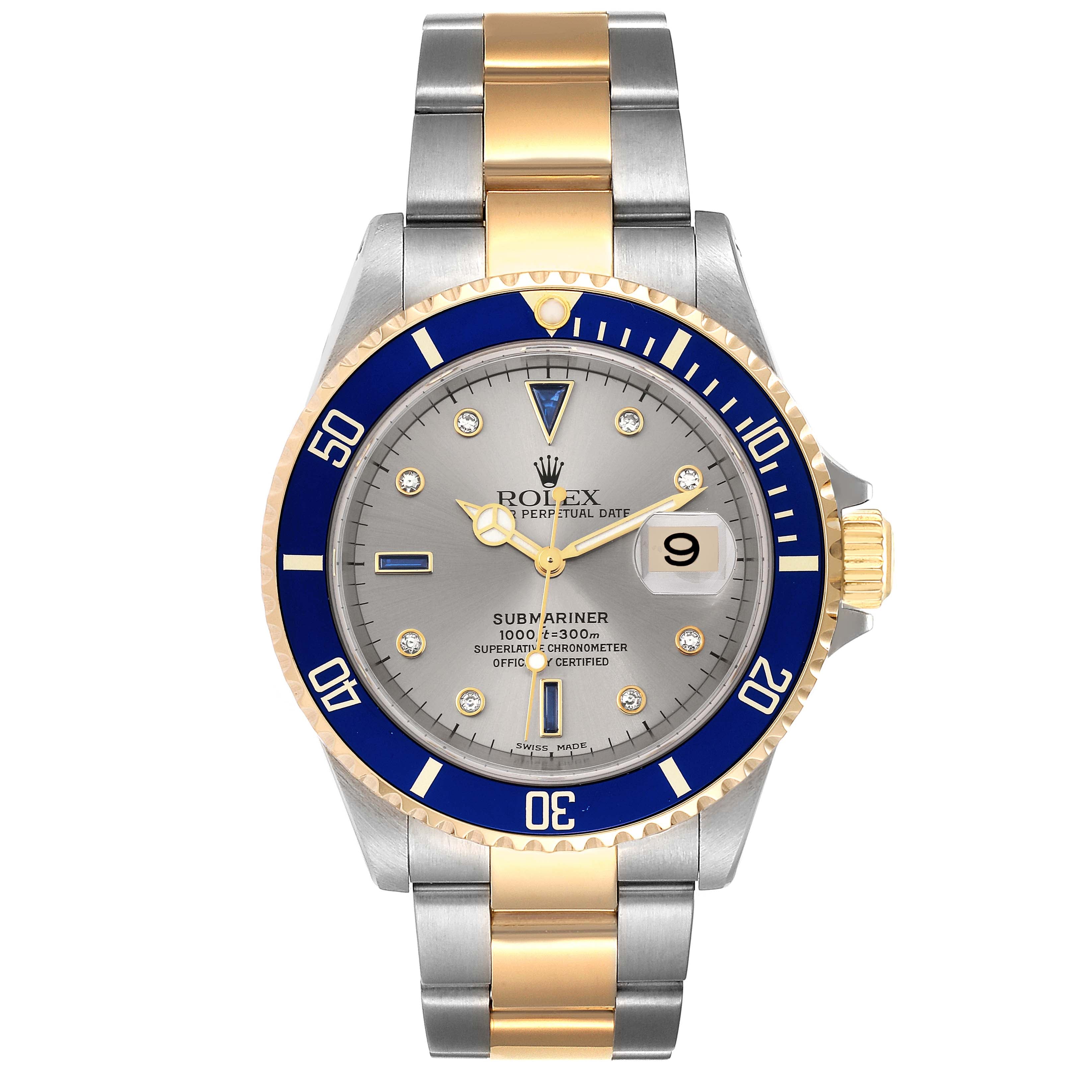 Rolex Submariner Steel Gold Diamond Sapphire Serti Dial Watch 16613 Box Papers
