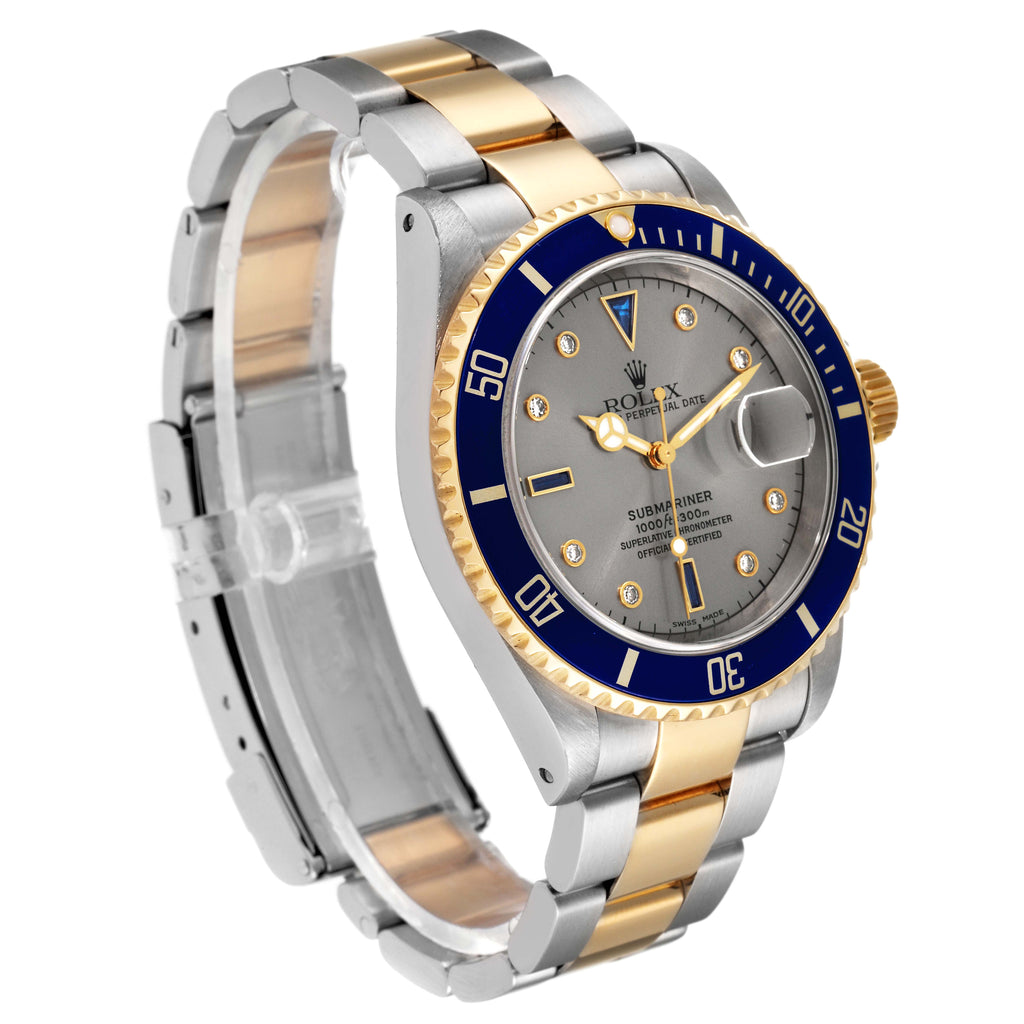 Rolex Submariner Steel Gold Diamond Sapphire Serti Dial Watch 16613 Box Papers