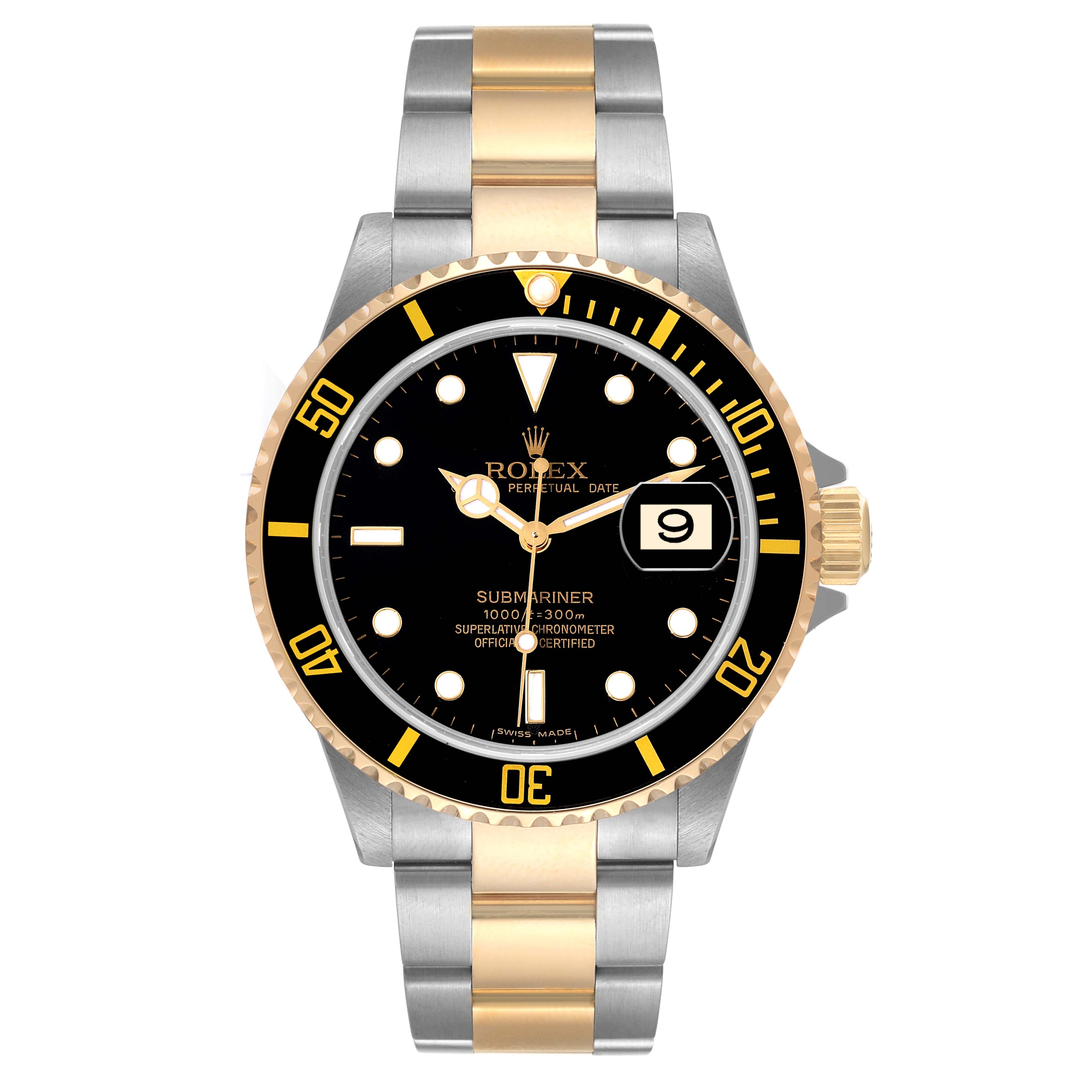 Rolex Submariner Steel Yellow Gold Black Dial Mens Watch 16613 Box Service Card