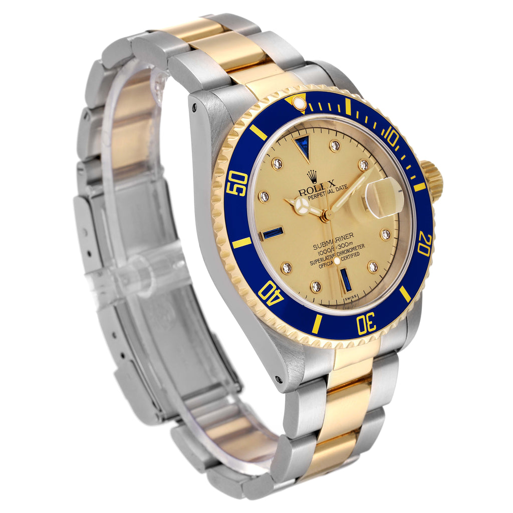 Rolex Submariner Steel Yellow Gold Diamond Sapphire Serti Dial Mens Watch 16613 Box Service Card
