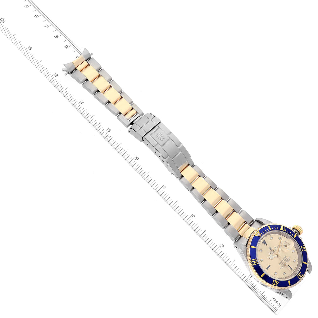 Rolex Submariner Steel Yellow Gold Diamond Sapphire Serti Dial Mens Watch 16613 Box Service Card