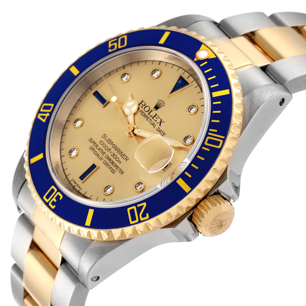Rolex Submariner Steel Yellow Gold Diamond Sapphire Serti Dial Mens Watch 16613 Box Service Card