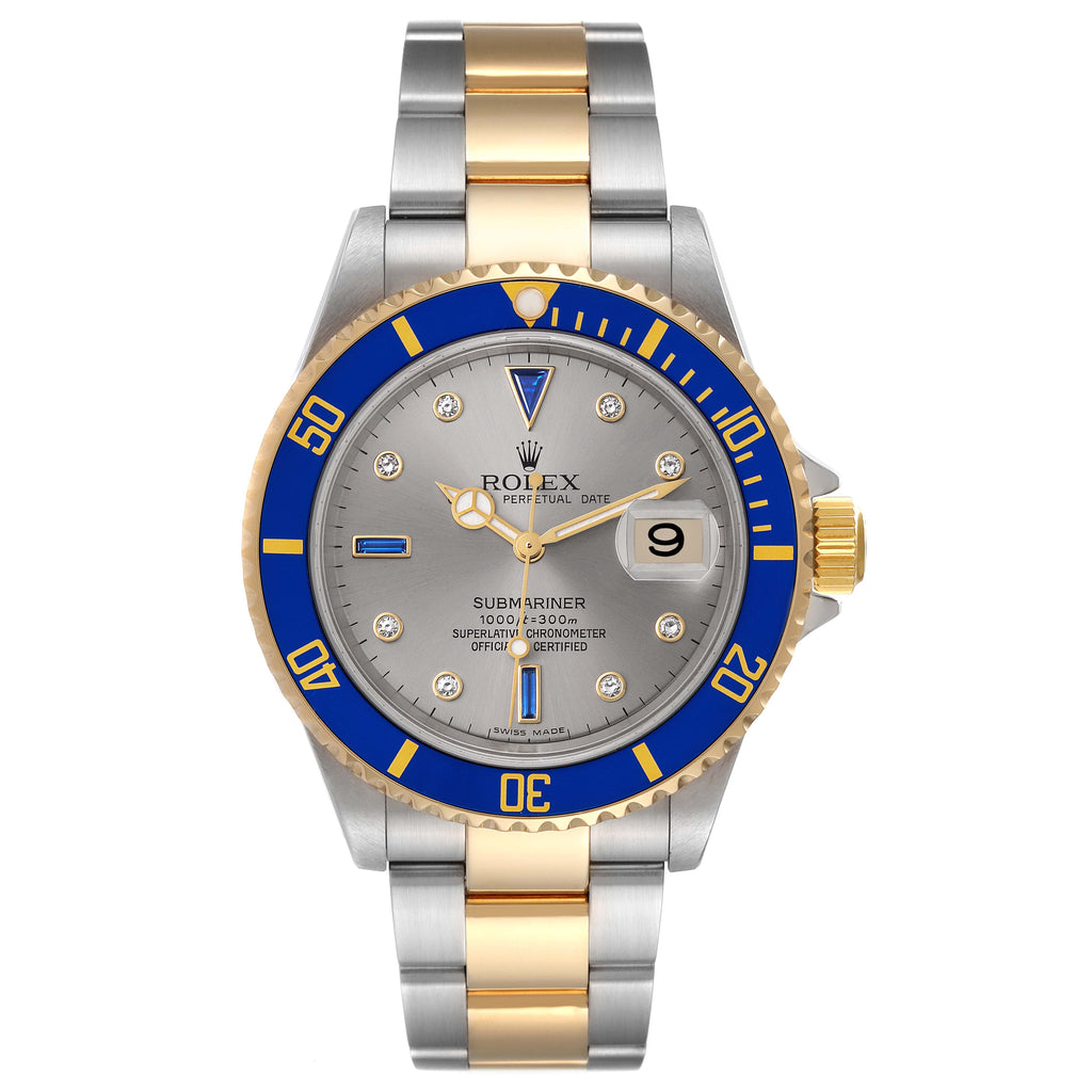 Rolex Submariner Steel Yellow Gold Diamond Sapphire Serti Dial Watch 16613