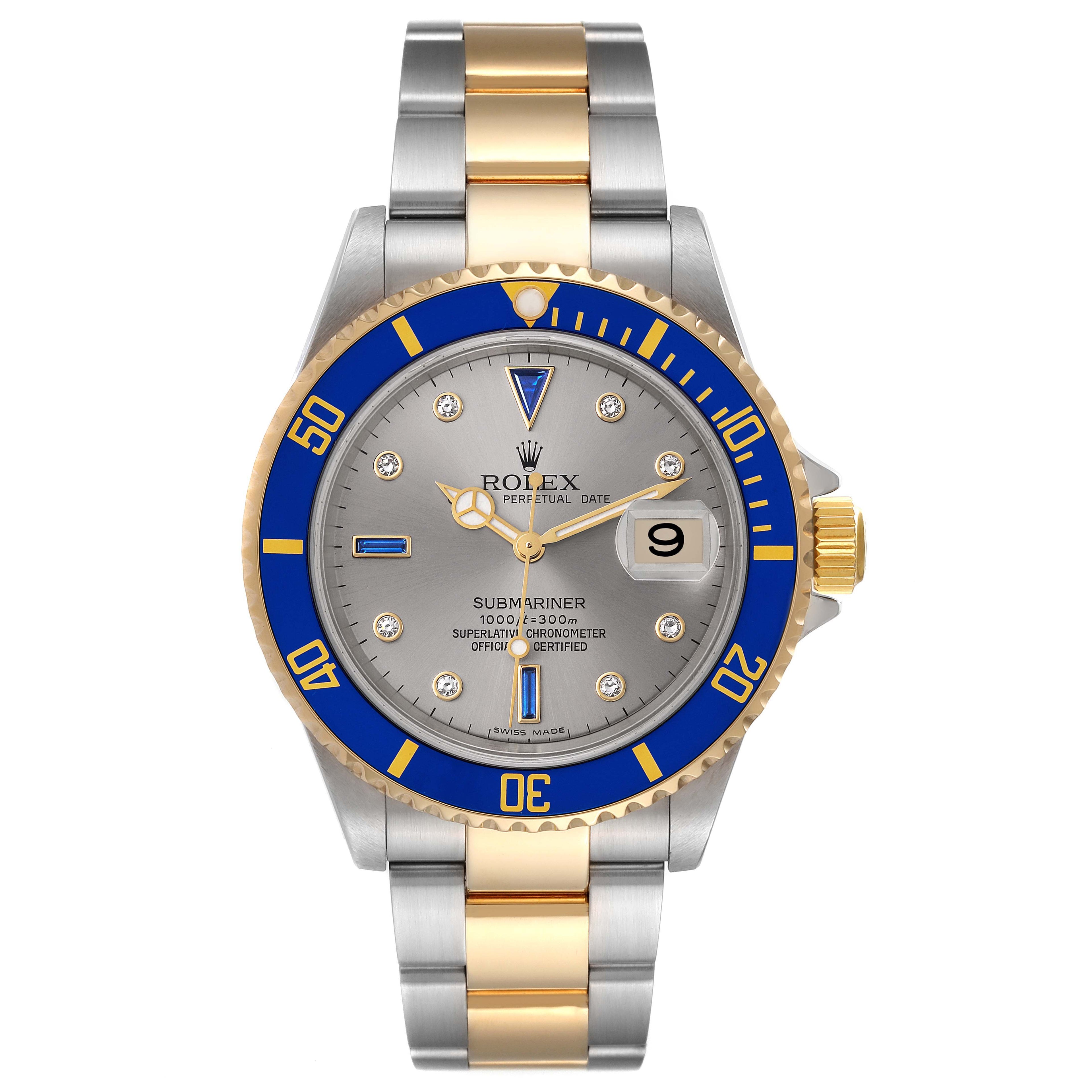 Rolex Submariner Steel Yellow Gold Diamond Sapphire Serti Dial Watch 16613