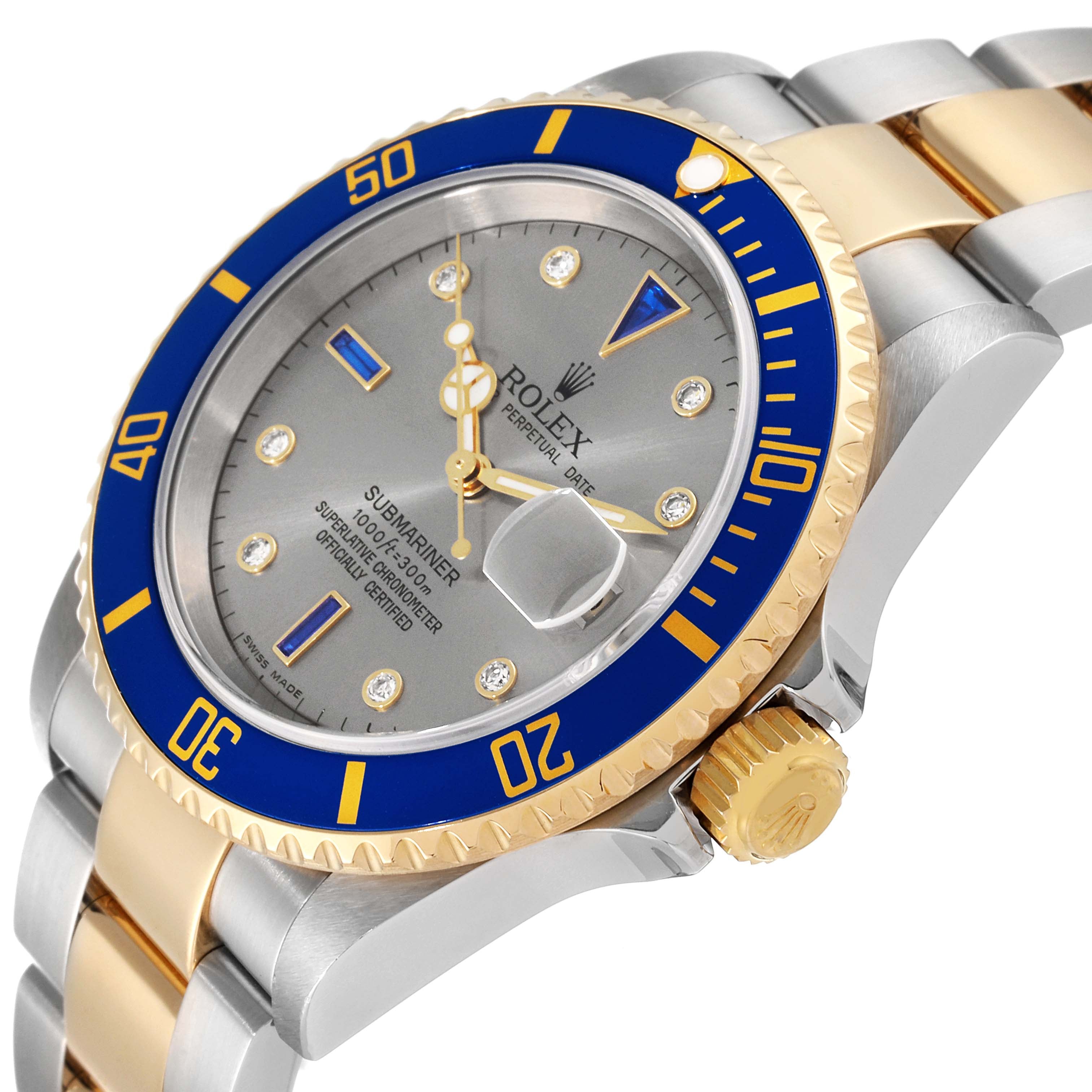 Rolex Submariner Steel Yellow Gold Diamond Sapphire Serti Dial Watch 16613