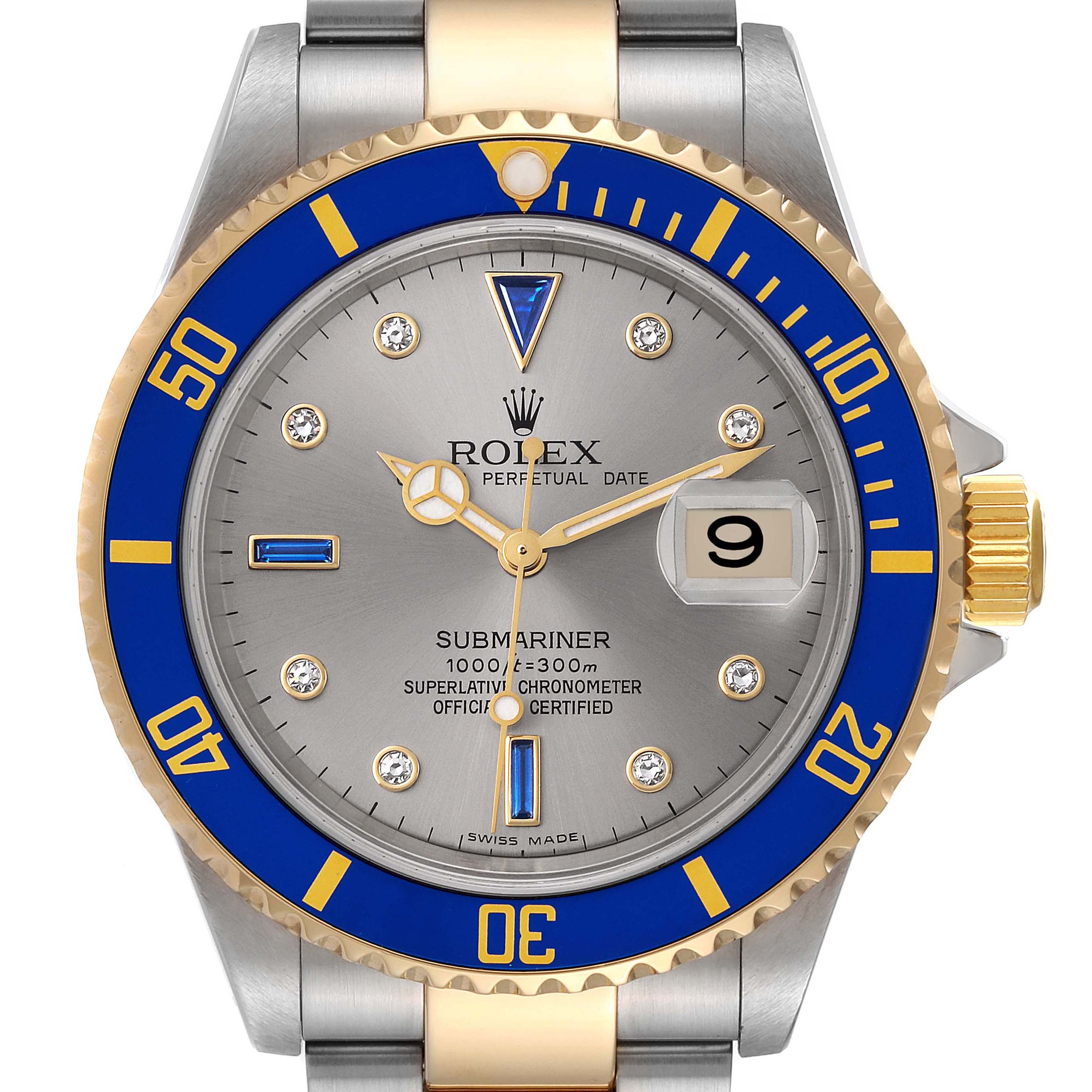 Rolex Submariner Steel Yellow Gold Diamond Sapphire Serti Dial Watch 16613