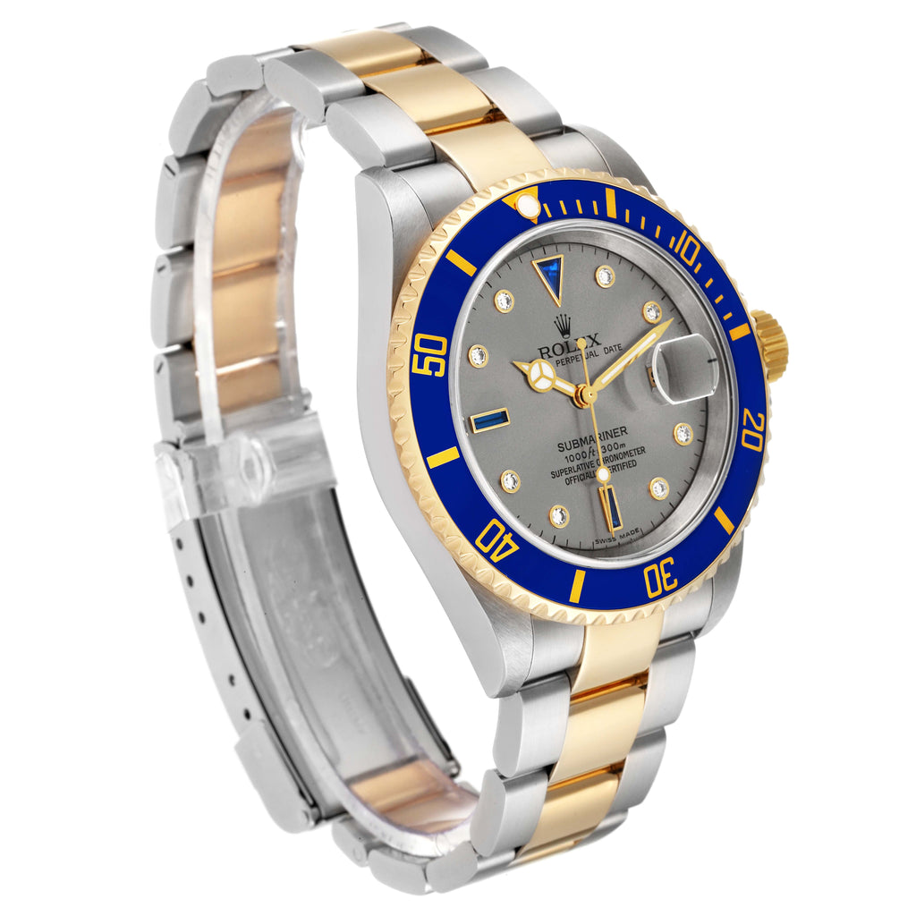 Rolex Submariner Steel Yellow Gold Diamond Sapphire Serti Dial Watch 16613