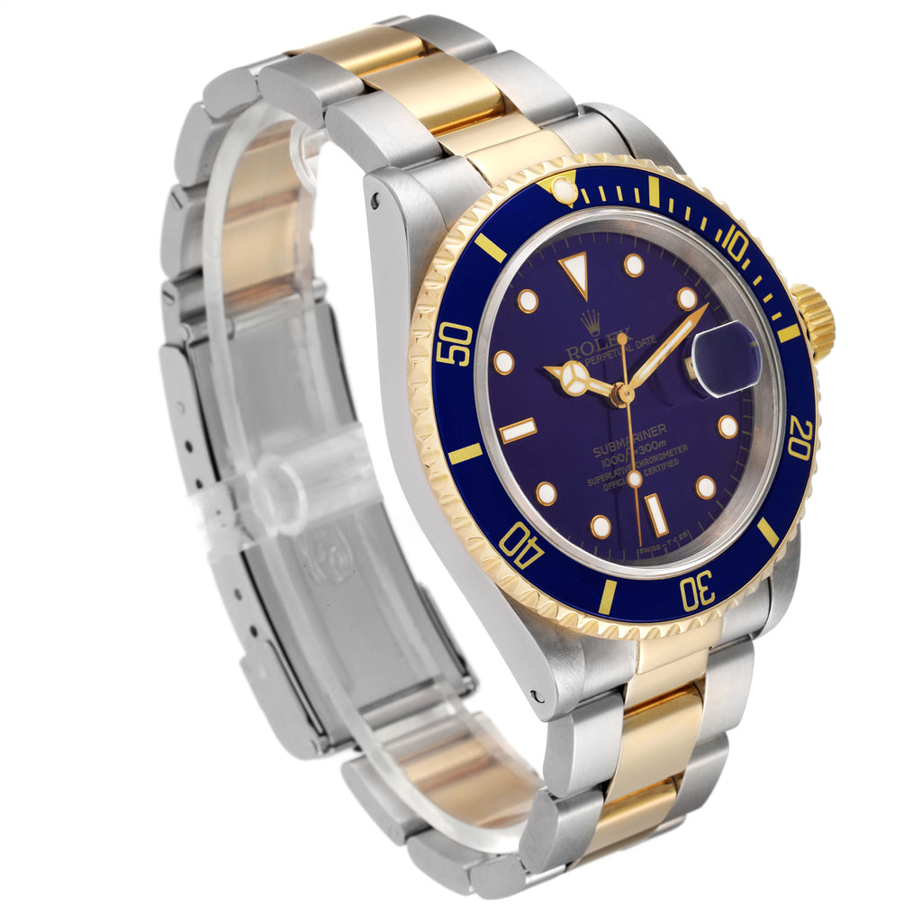 Rolex Submariner Steel Yellow Gold Purple Blue Dial Mens Watch 16613