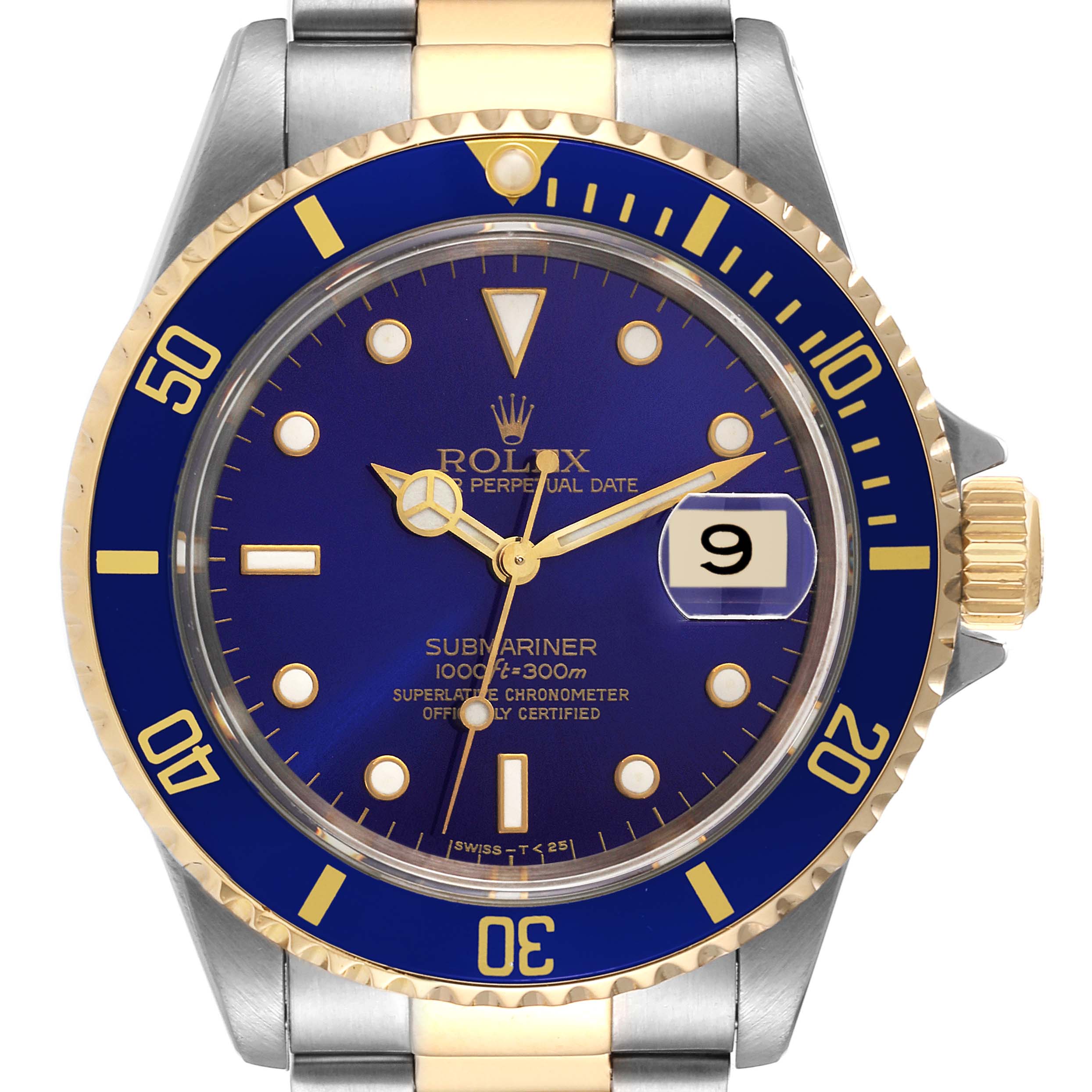Rolex Submariner Steel Yellow Gold Purple Blue Dial Mens Watch 16613