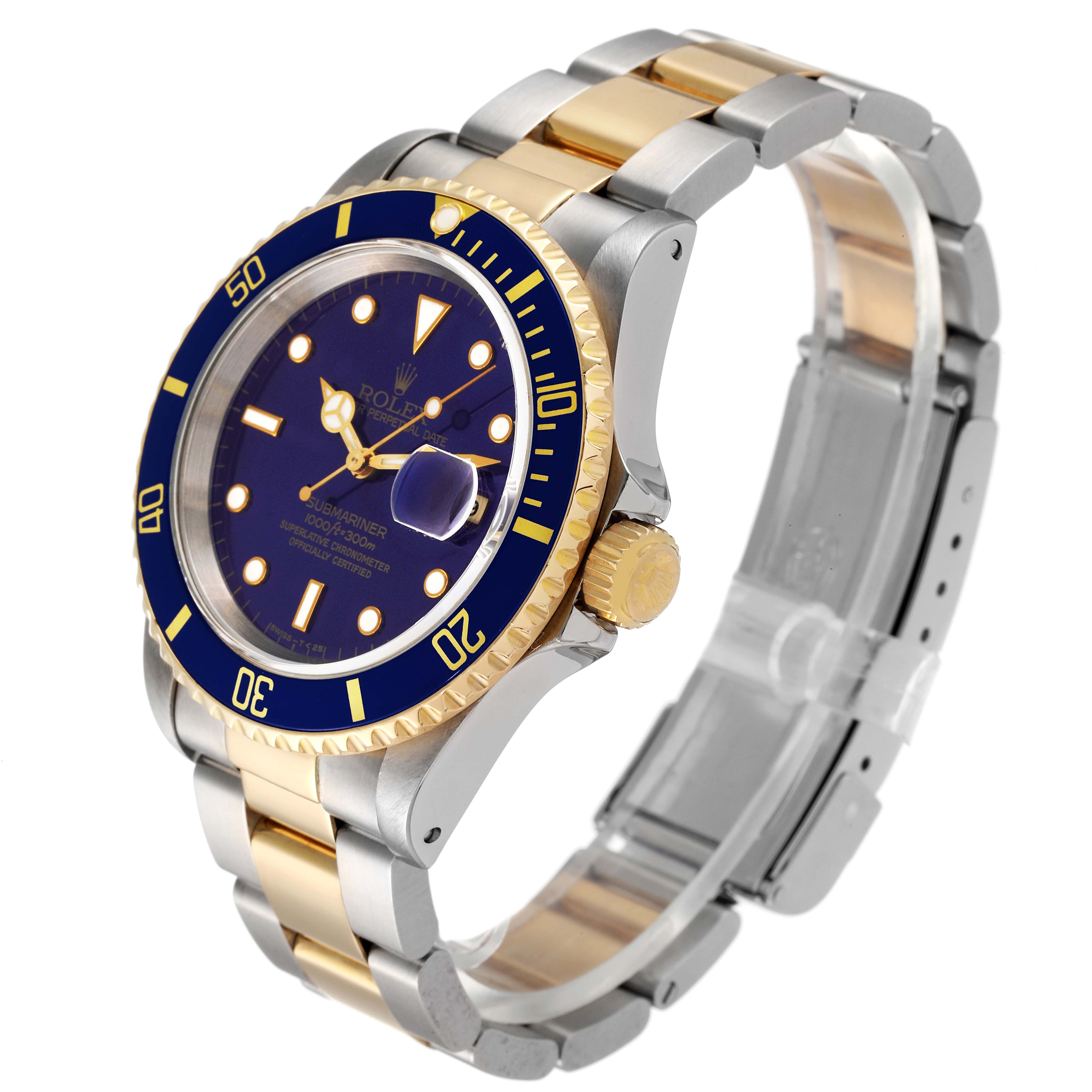 Rolex Submariner Steel Yellow Gold Purple Blue Dial Mens Watch 16613