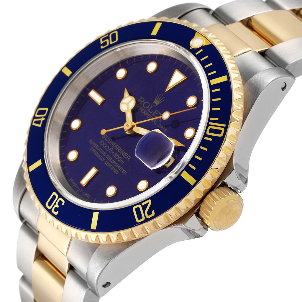 Rolex Submariner Steel Yellow Gold Purple Blue Dial Mens Watch 16613
