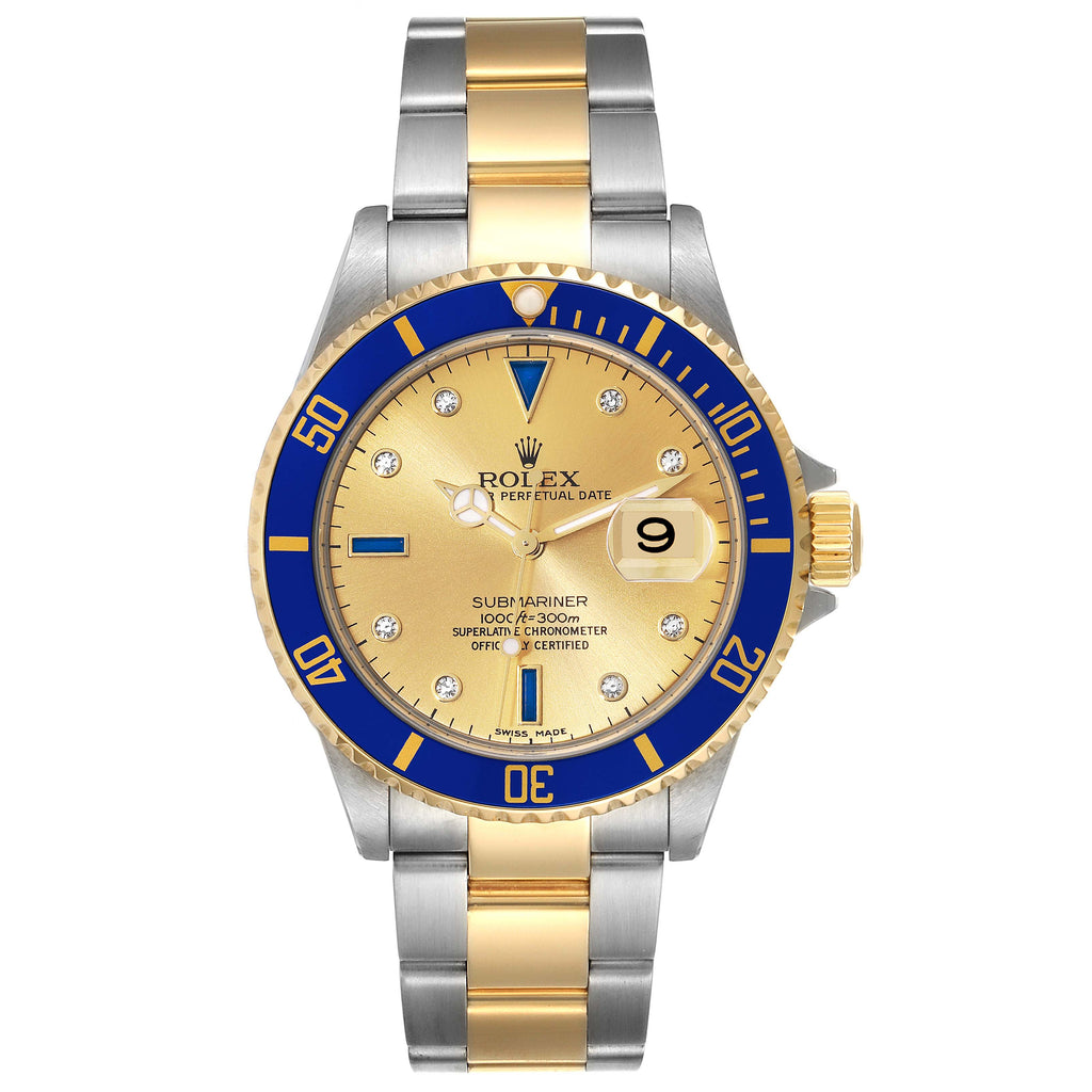 Rolex Submariner Steel Yellow Gold Serti Dial Mens Watch 16613 Box Card