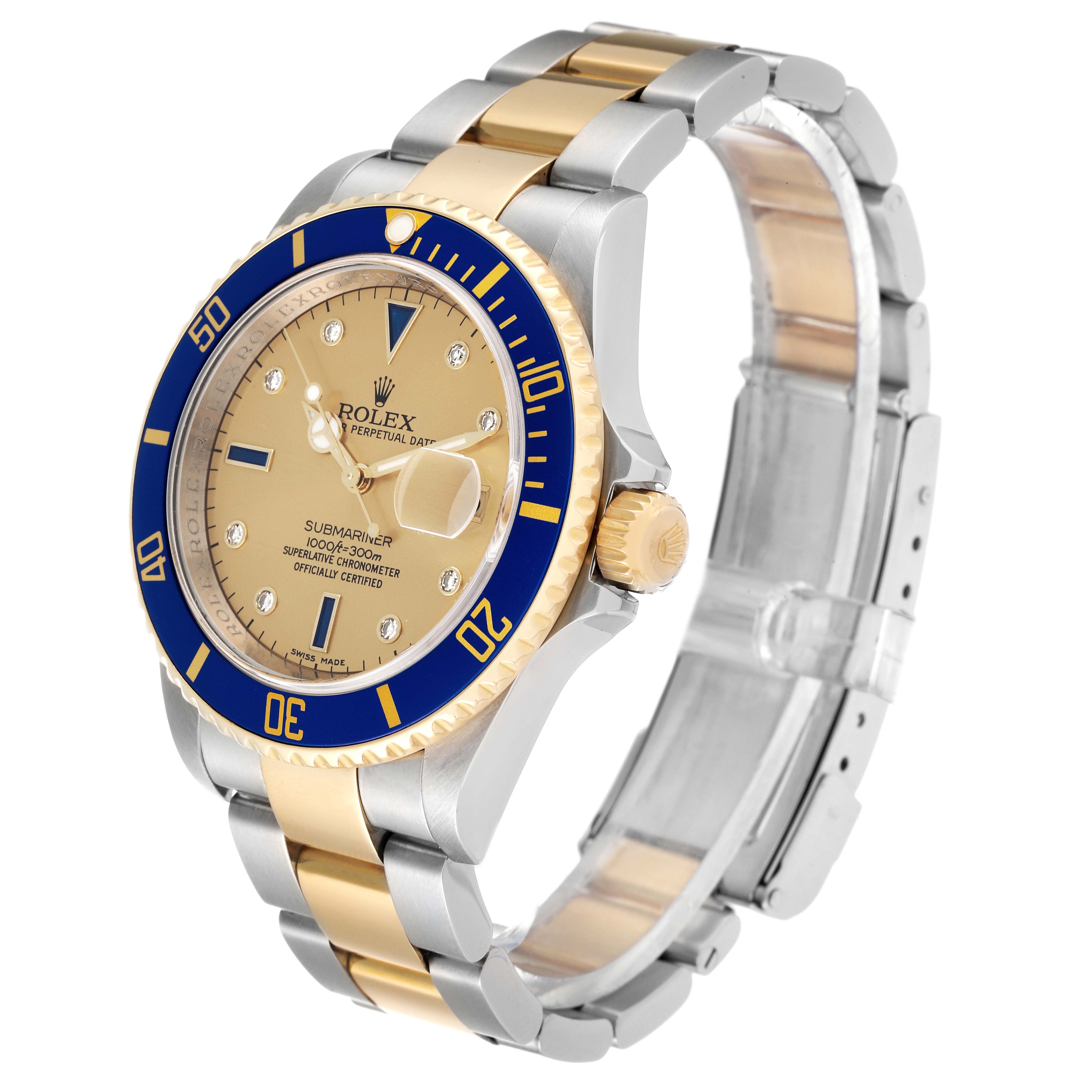 Rolex Submariner Steel Yellow Gold Serti Dial Mens Watch 16613 Box Card