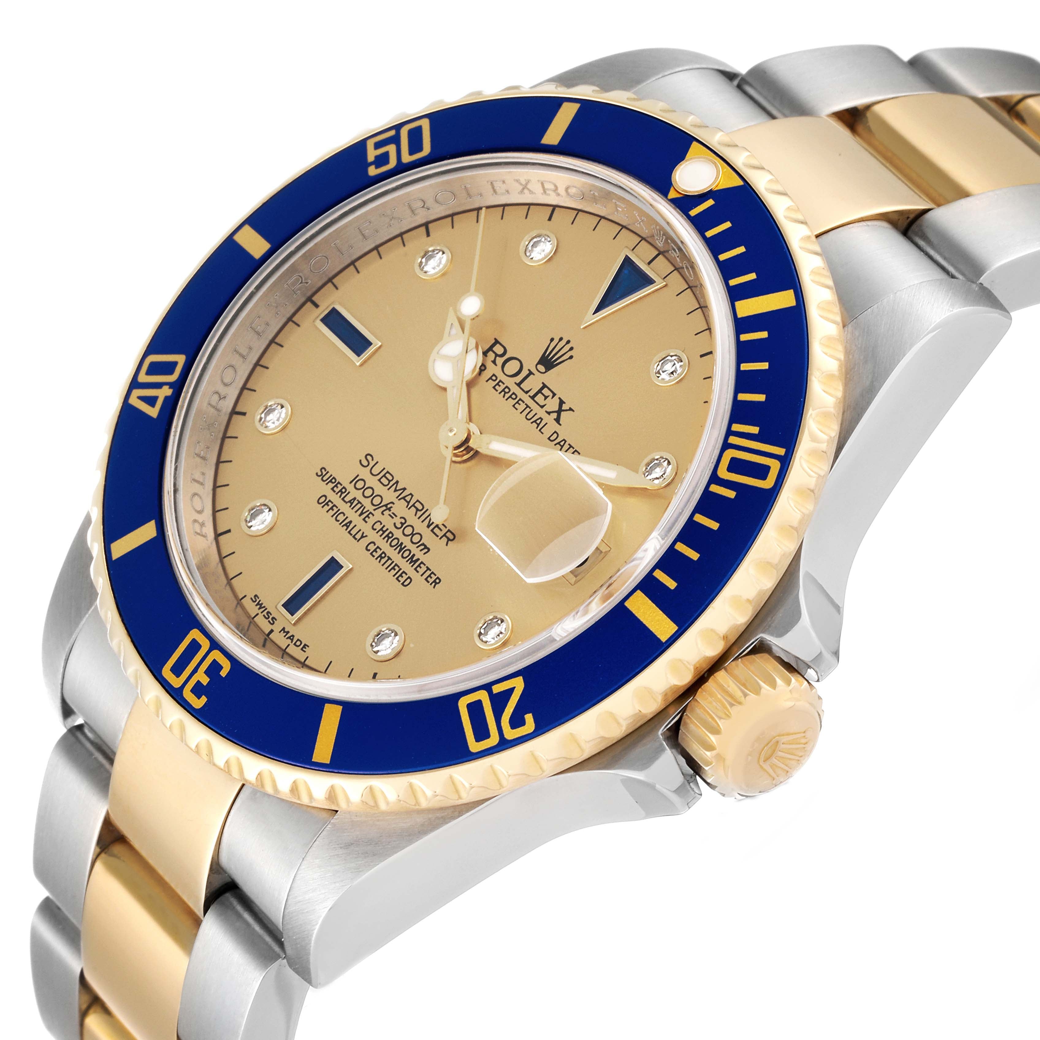 Rolex Submariner Steel Yellow Gold Serti Dial Mens Watch 16613 Box Card