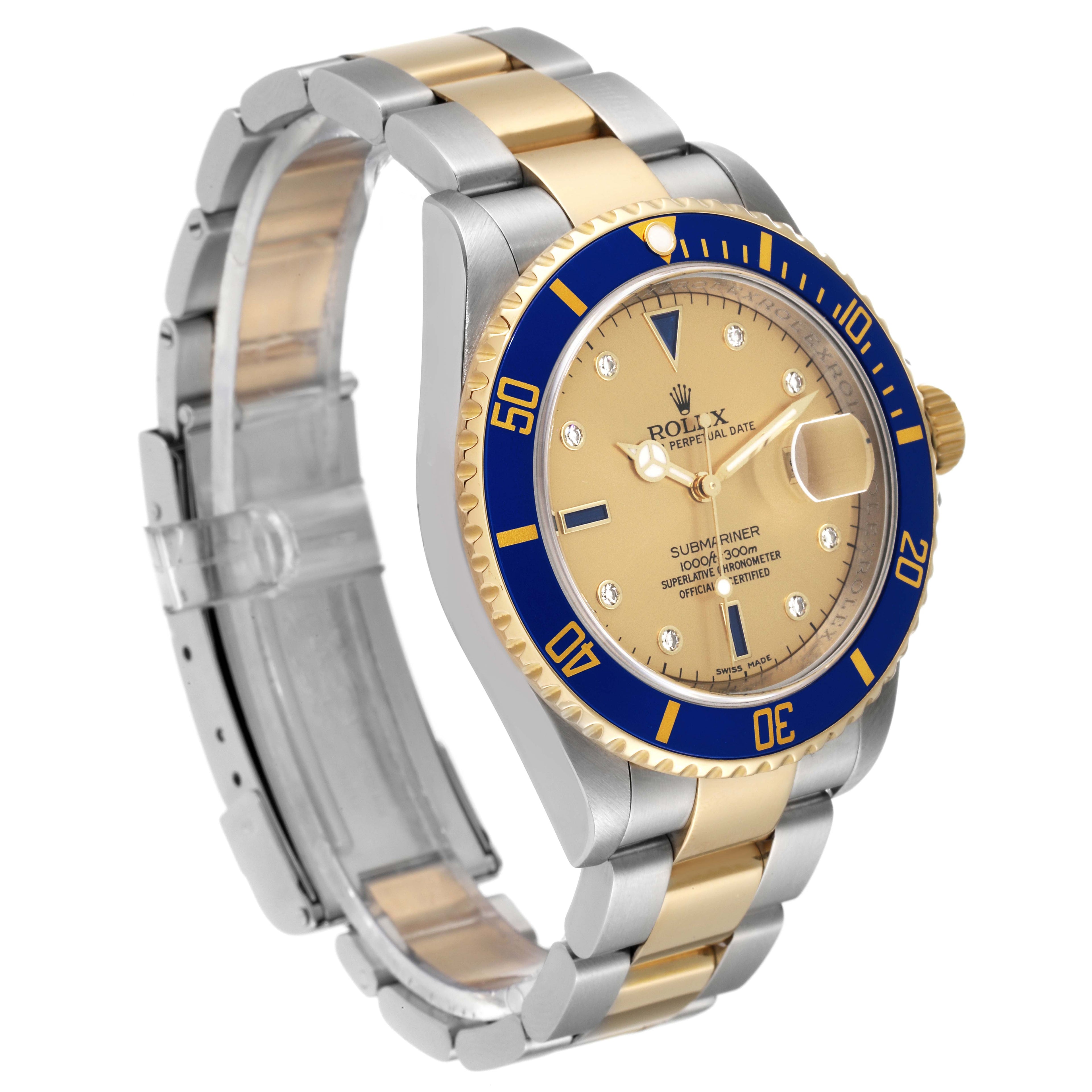 Rolex Submariner Steel Yellow Gold Serti Dial Mens Watch 16613 Box Card