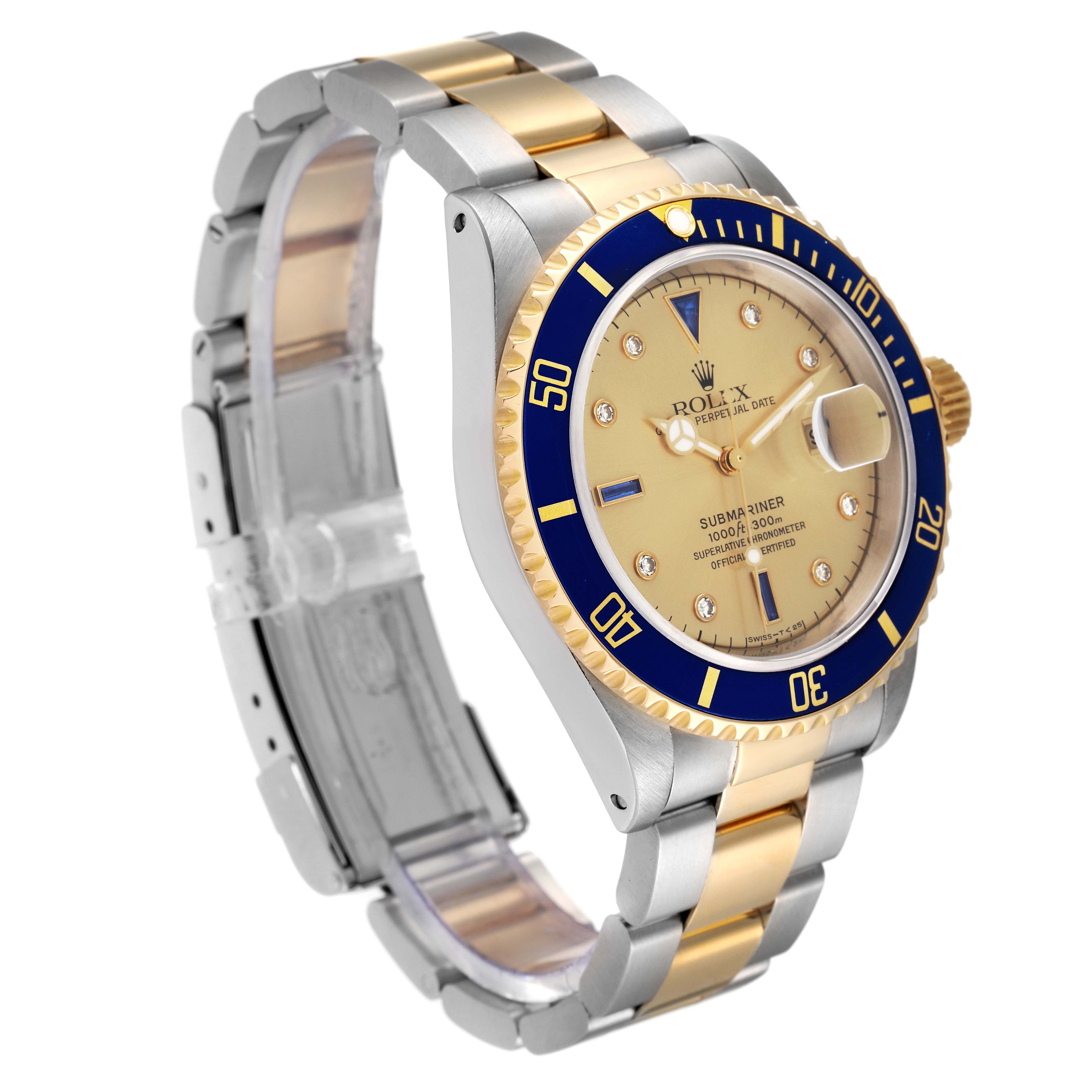 Rolex Submariner Steel Yellow Gold Serti Dial Mens Watch 16613 Box Service Card