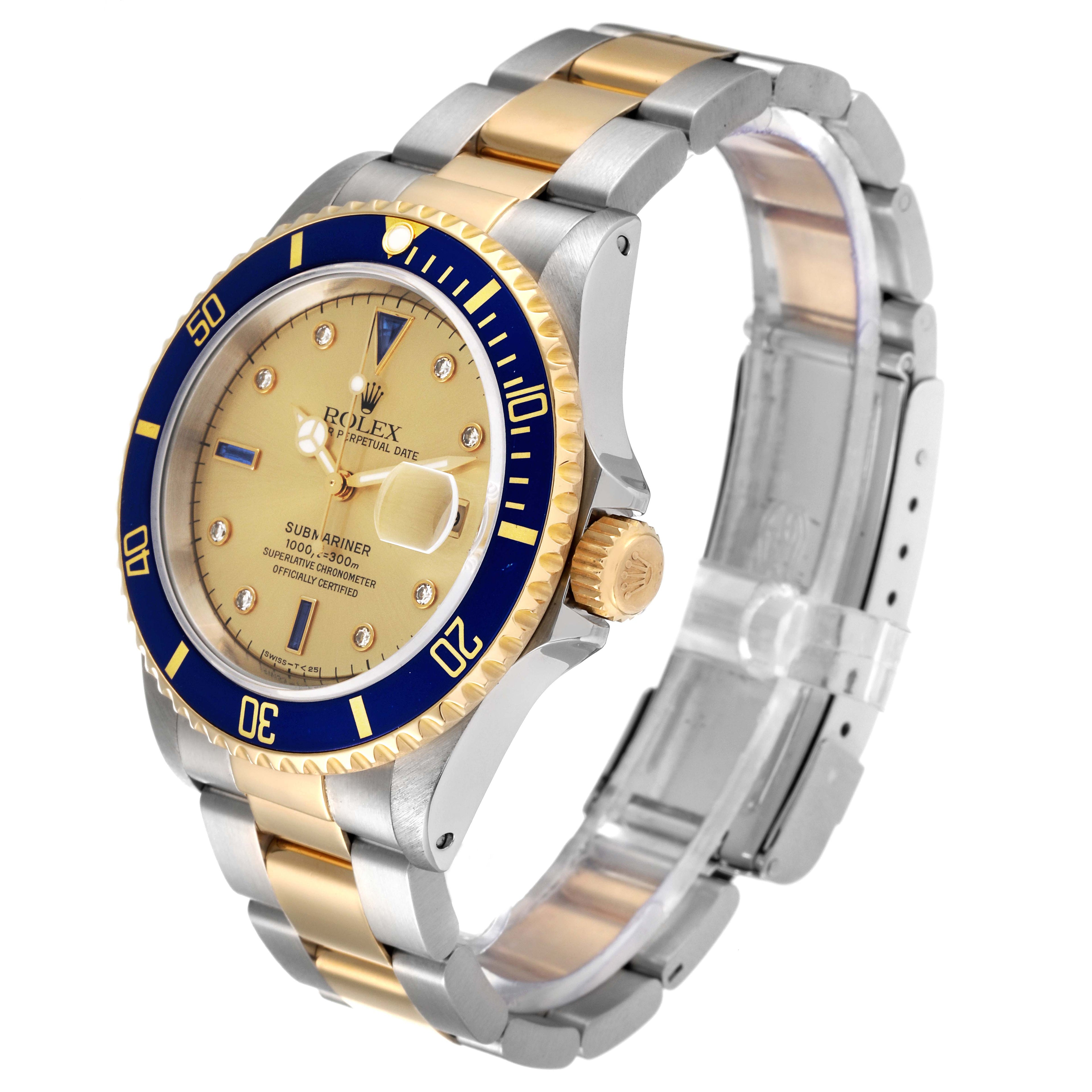 Rolex Submariner Steel Yellow Gold Serti Dial Mens Watch 16613 Box Service Card