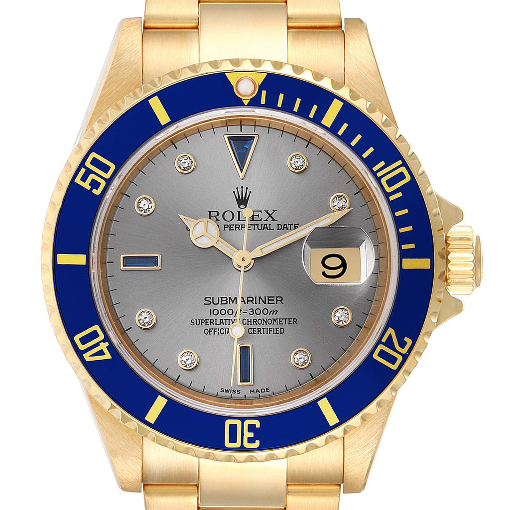 Rolex Submariner Yellow Gold Diamond Sapphire Serti Dial Watch 16618 Box Papers