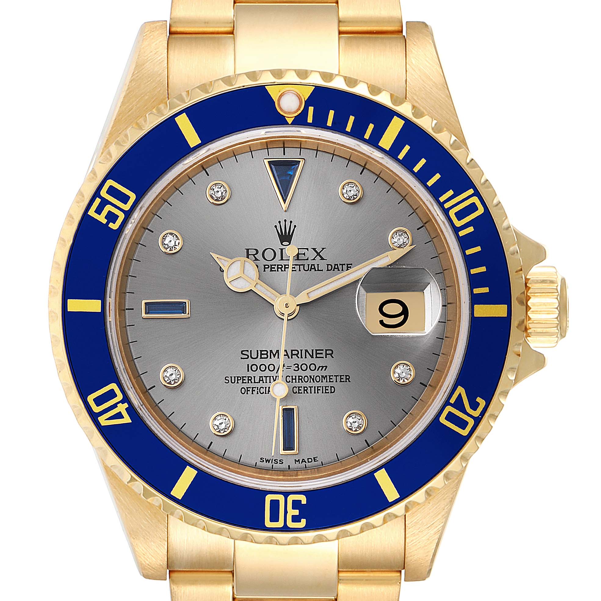 Rolex Submariner Yellow Gold Diamond Sapphire Serti Dial Watch 16618 Box Papers