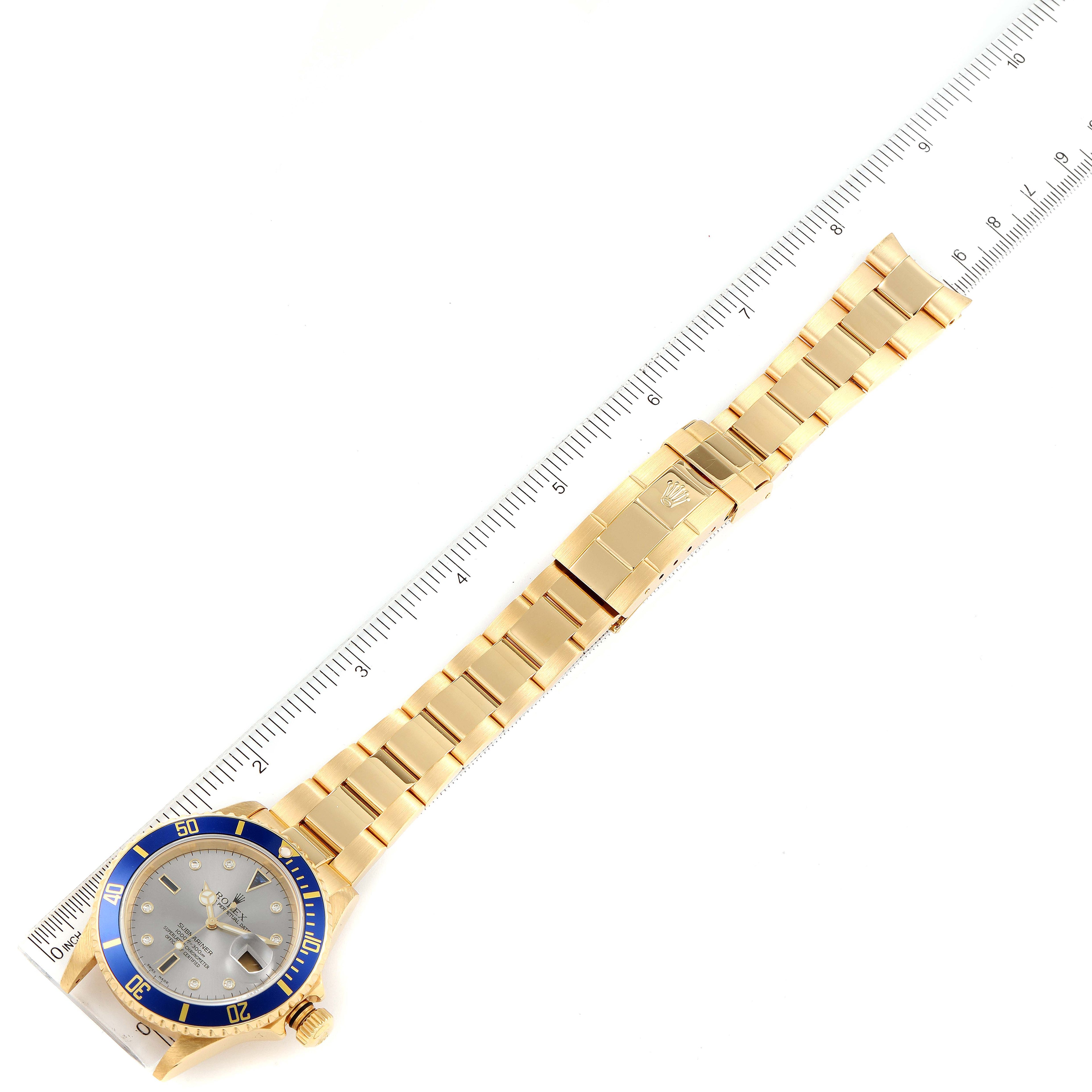 Rolex Submariner Yellow Gold Diamond Sapphire Serti Dial Watch 16618 Box Papers