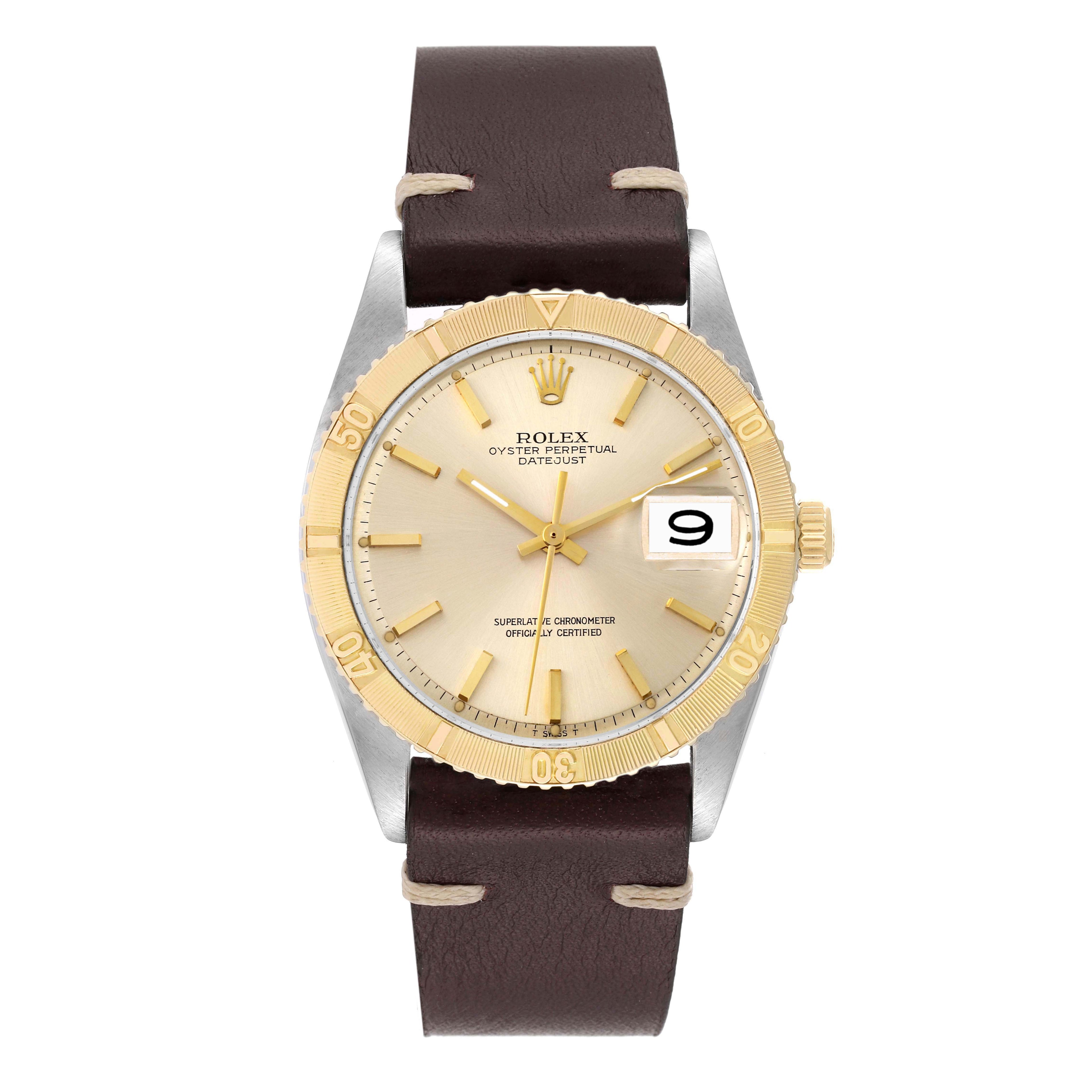 Rolex Turnograph Datejust Steel Yellow Gold Brown Strap Vintage Watch 1625
