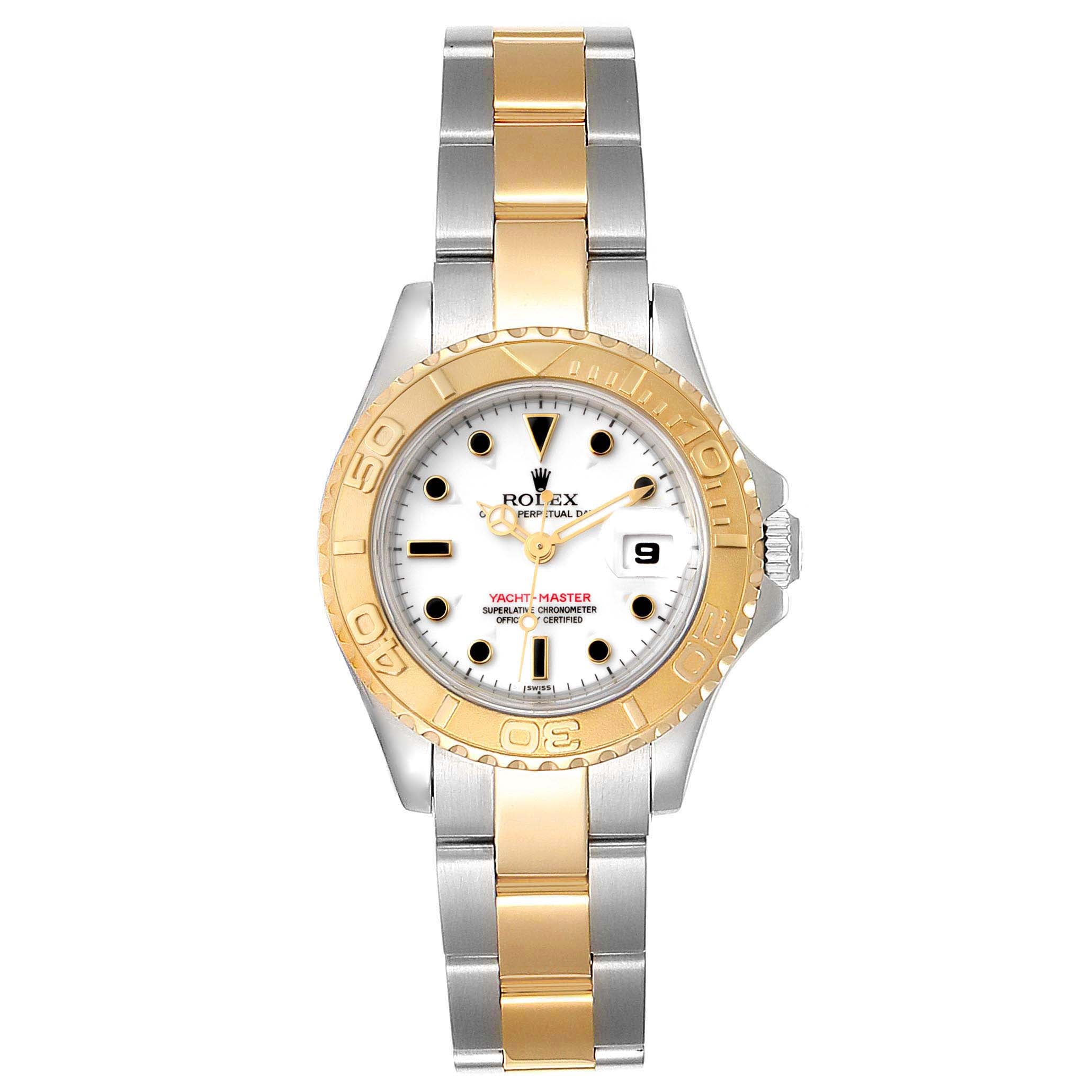 Rolex Yachtmaster 29mm White Dial Steel Yellow Gold Watch 69623 Box Papers