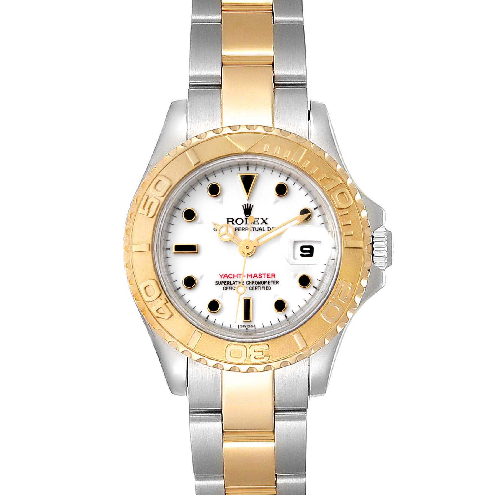 Rolex Yachtmaster 29mm White Dial Steel Yellow Gold Watch 69623 Box Papers