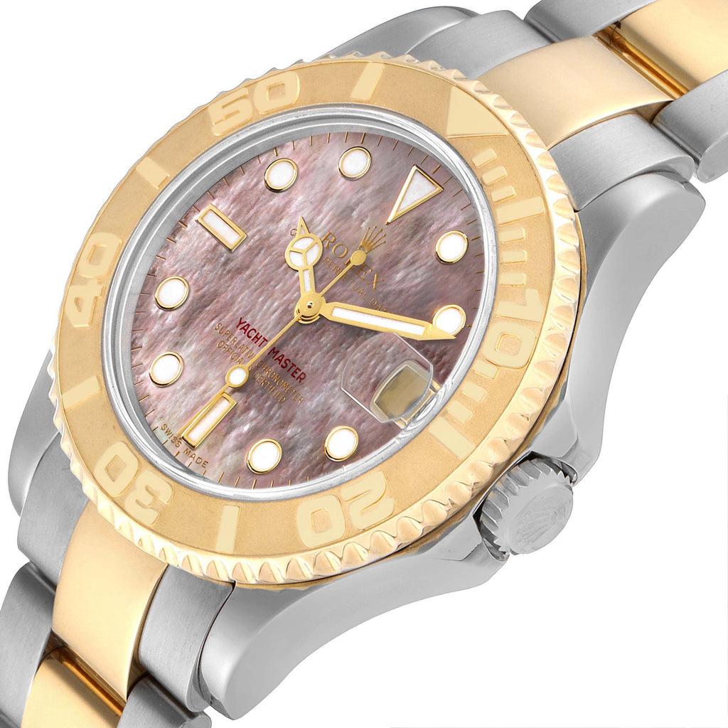 Rolex Yachtmaster 35 Midsize Steel Yellow Gold Mother of Pearl Mens Watch 168623 Box Papers