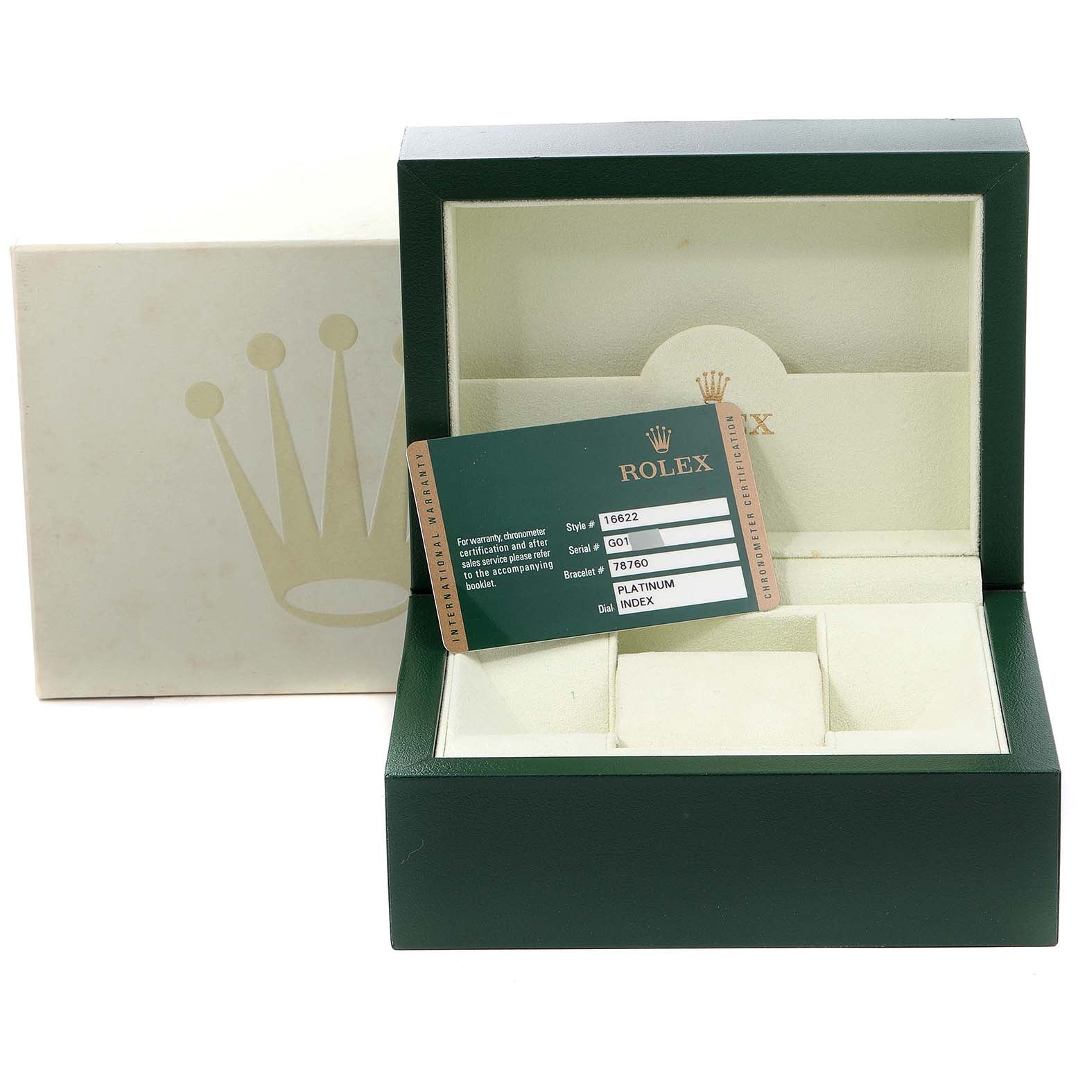 Rolex Yachtmaster 40 Steel Platinum Dial Bezel Mens Watch 16622 Box Card