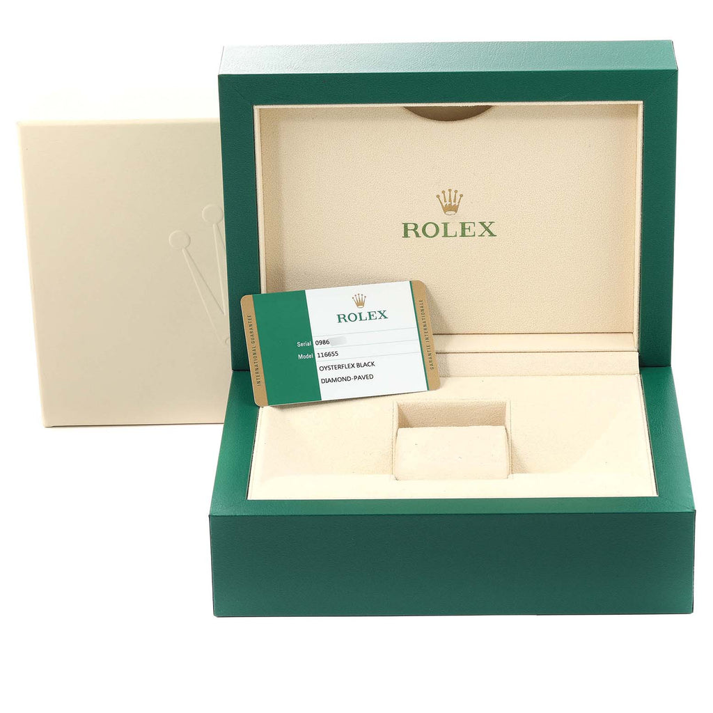 Rolex Yachtmaster 40mm Rose Gold Diamond Pave Dial Oysterflex Watch 116655 Box Card