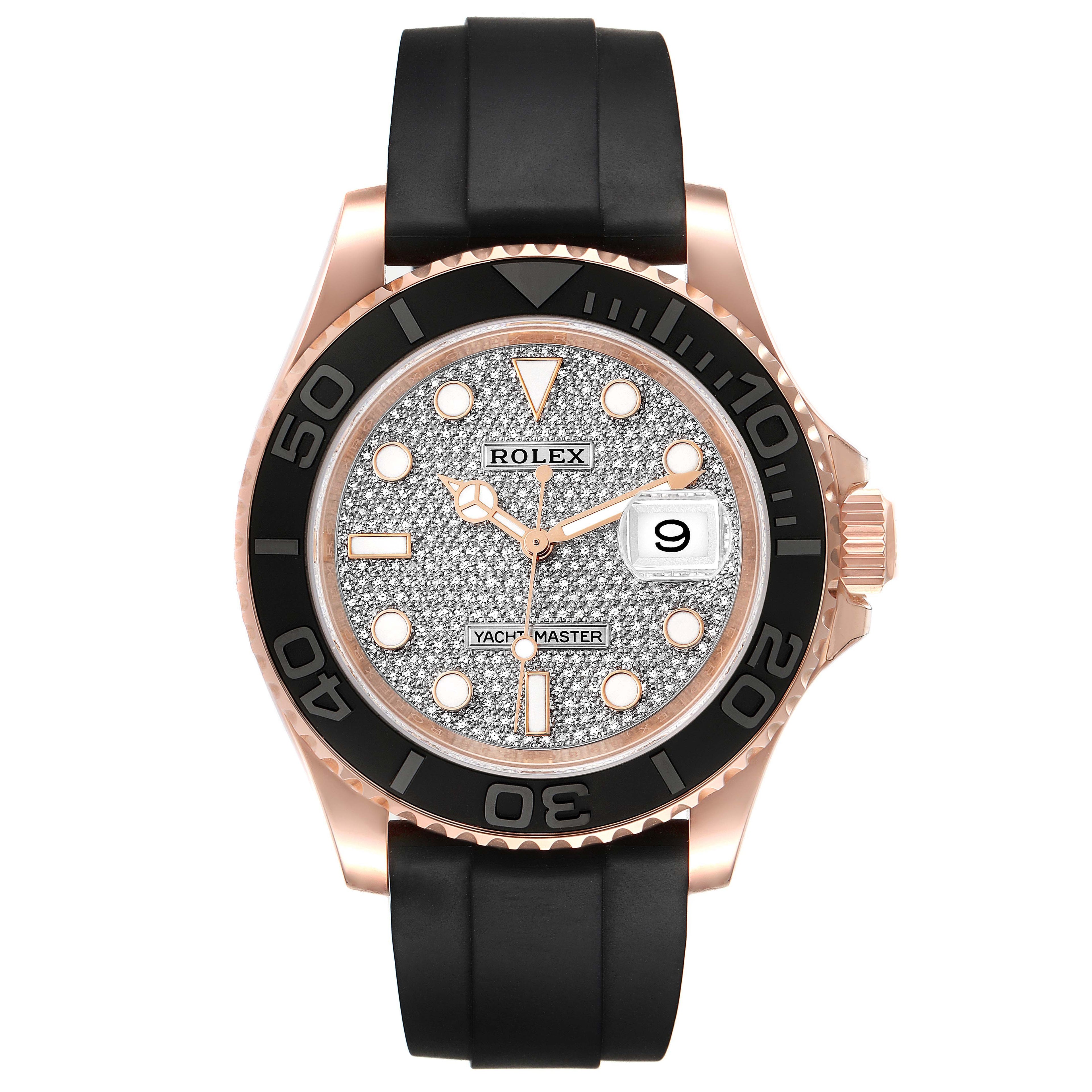Rolex Yachtmaster 40mm Rose Gold Diamond Pave Dial Oysterflex Watch 116655 Box Card