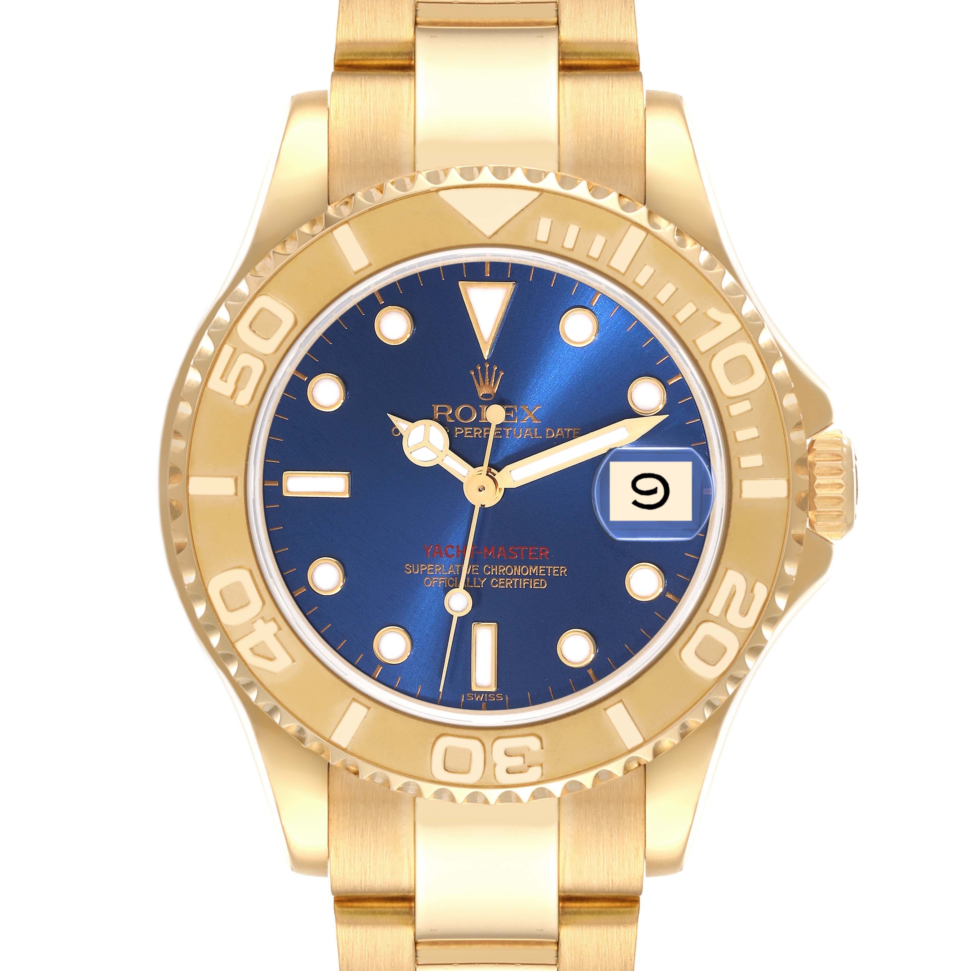 Rolex Yachtmaster Midsize Yellow Gold Blue Dial Unisex Watch 68628 Box Papers