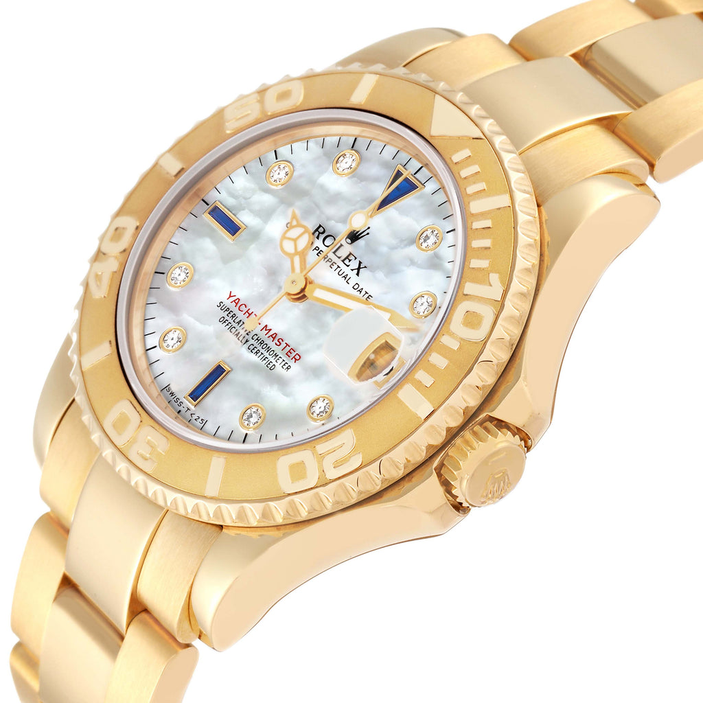Rolex Yachtmaster Midsize Yellow Gold Mother Of Pearl Diamond Dial Mens Watch 68628