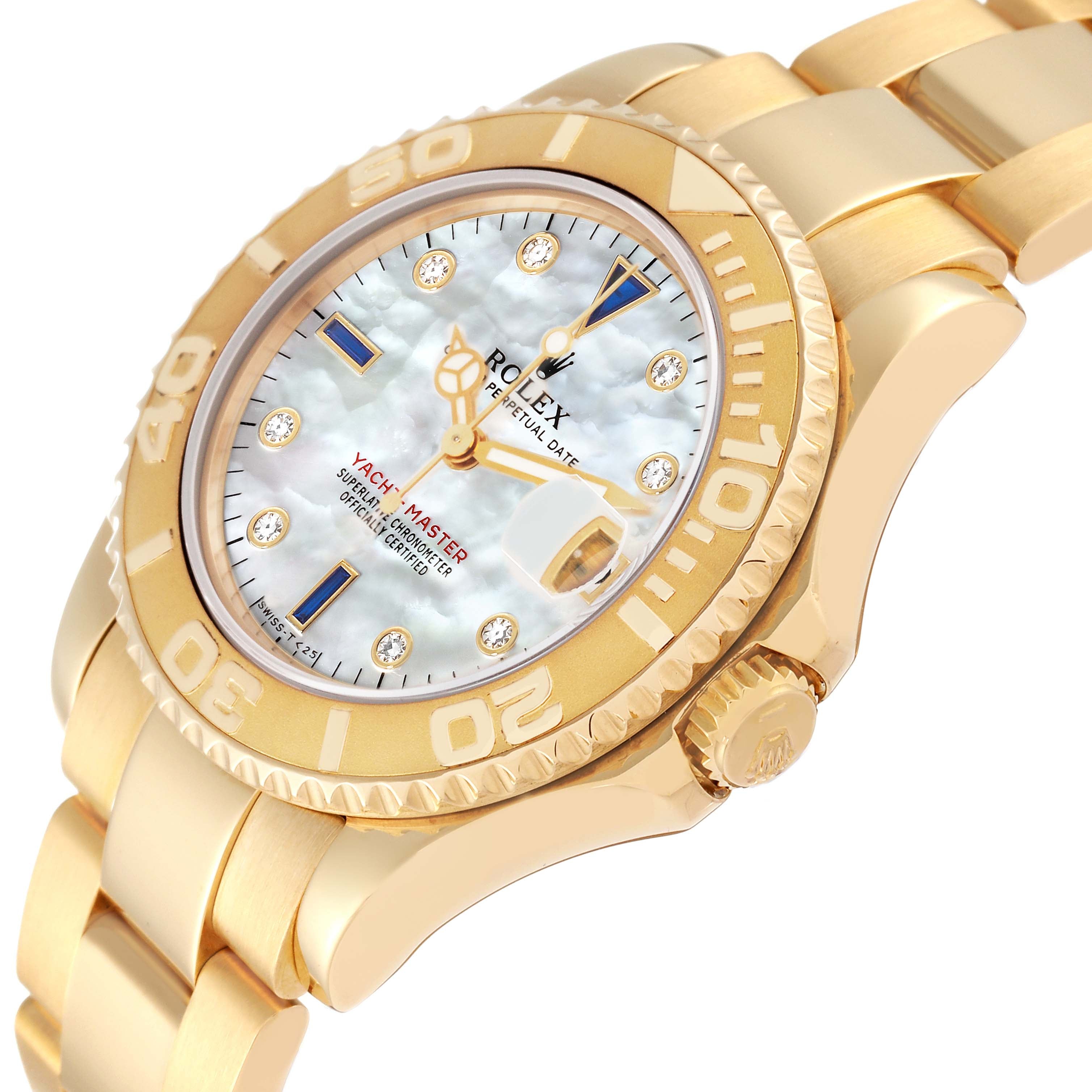 Rolex Yachtmaster Midsize Yellow Gold Mother Of Pearl Diamond Dial Mens Watch 68628