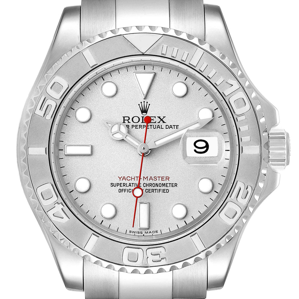 Rolex Yachtmaster Steel Platinum Dial Platinum Bezel Mens Watch 16622 Box Papers
