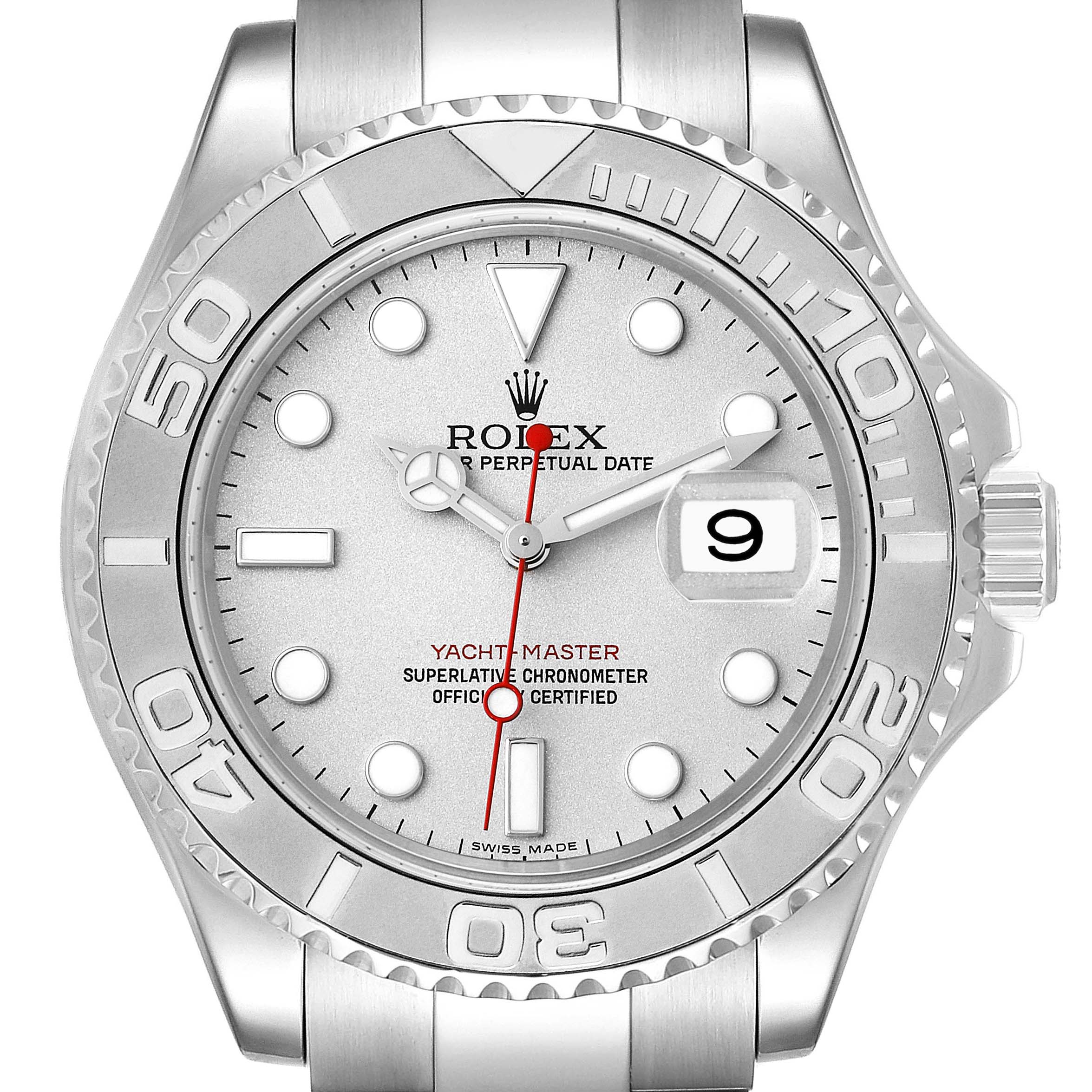 Rolex Yachtmaster Steel Platinum Dial Platinum Bezel Mens Watch 16622 Box Papers