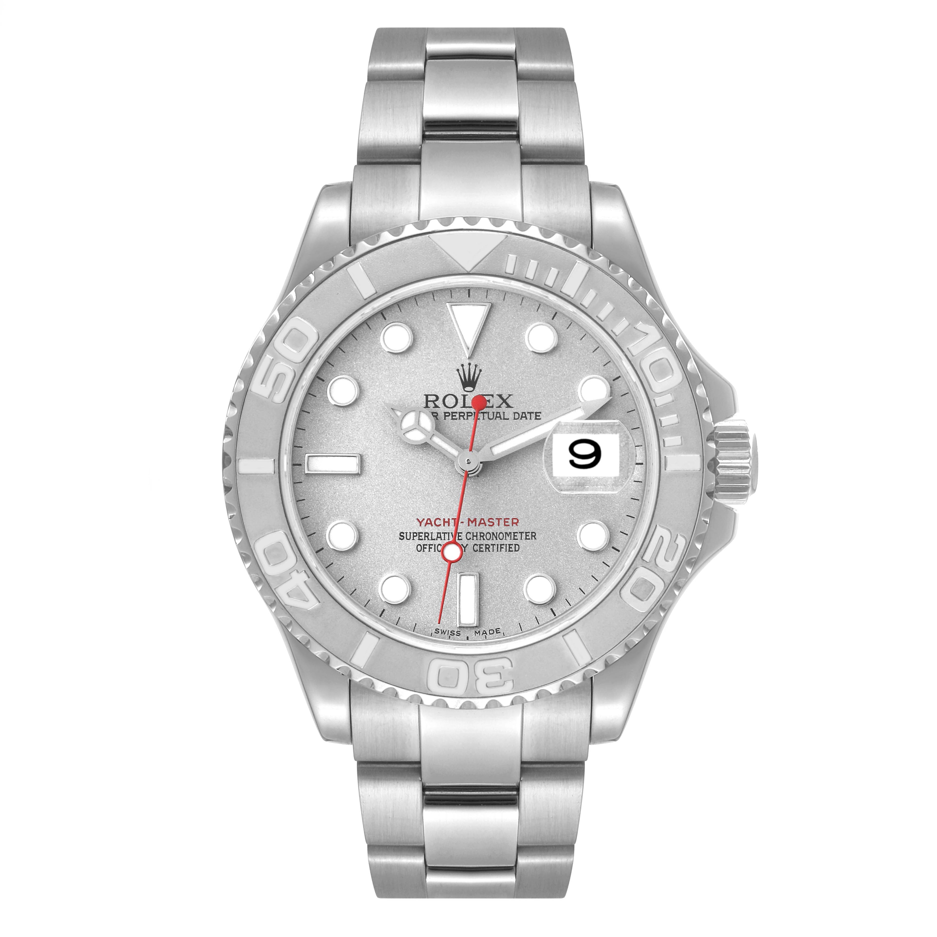 Rolex Yachtmaster Steel Platinum Dial Bezel Mens Watch 16622 Box Papers ONE LINK ADDED
